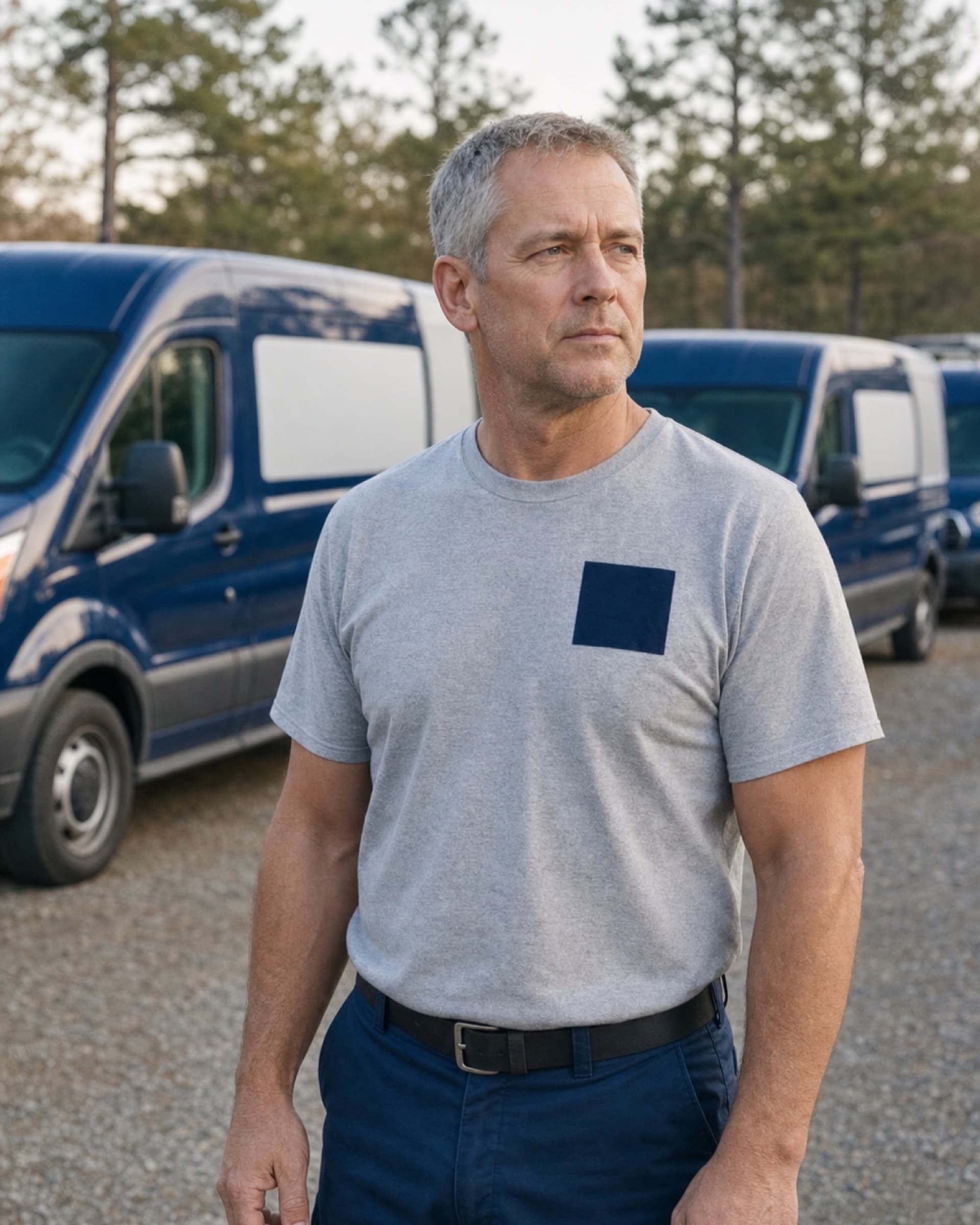 Aaron Prentice standing in the vehicle yard in a heather-grey work shirt, hands relaxed at his sides