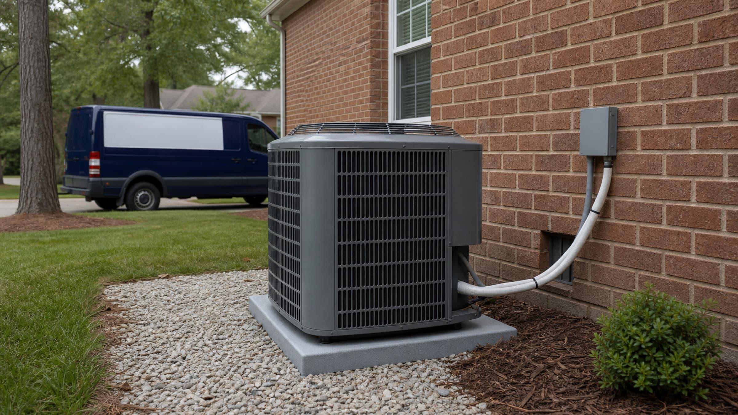 A newly installed outdoor condenser unit on a level pad beside a brick house, with fresh line set insulation