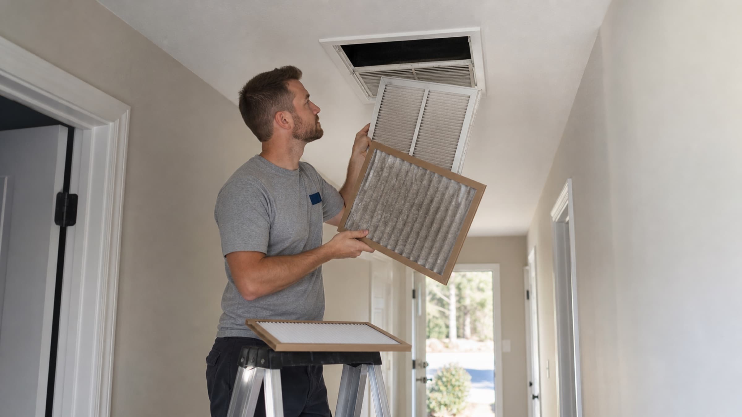 A technician on a step ladder replacing a pleated filter in a ceiling return grille
