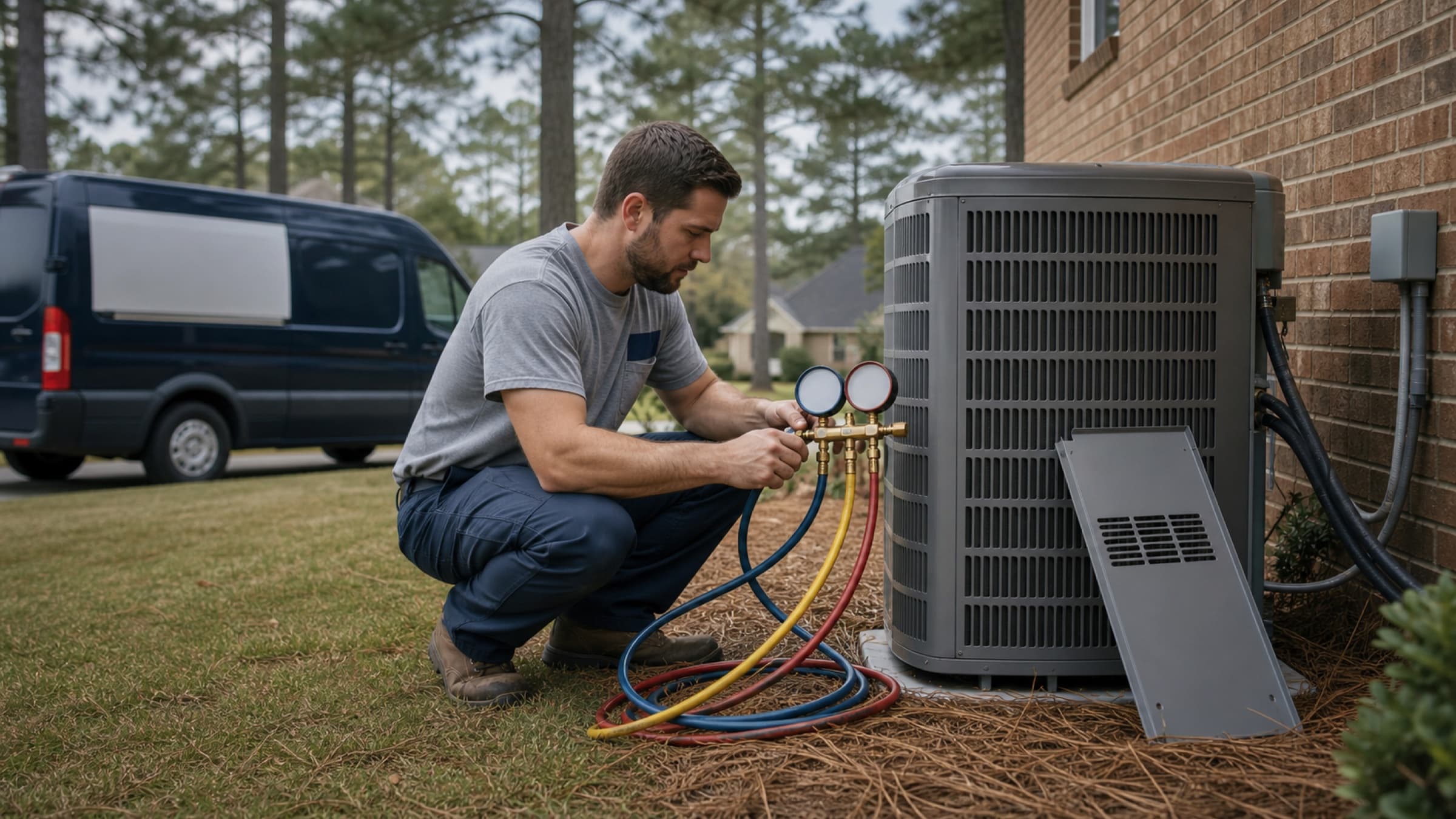 A technician checking refrigerant pressure at an outdoor condenser with a manifold gauge set