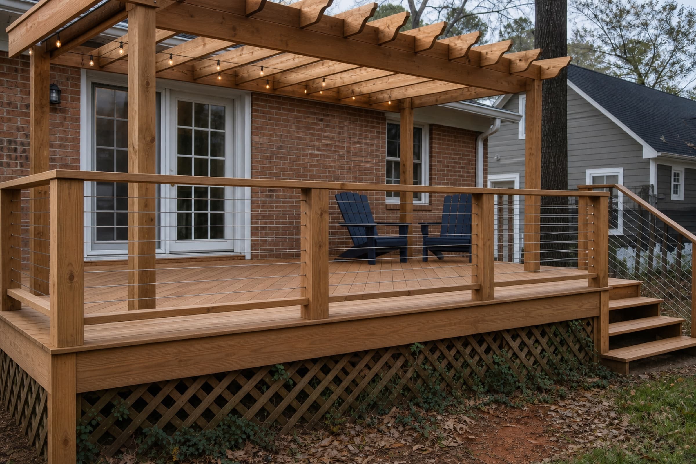 The same footprint rebuilt in cedar with cable railing and a pergola over the dining end
