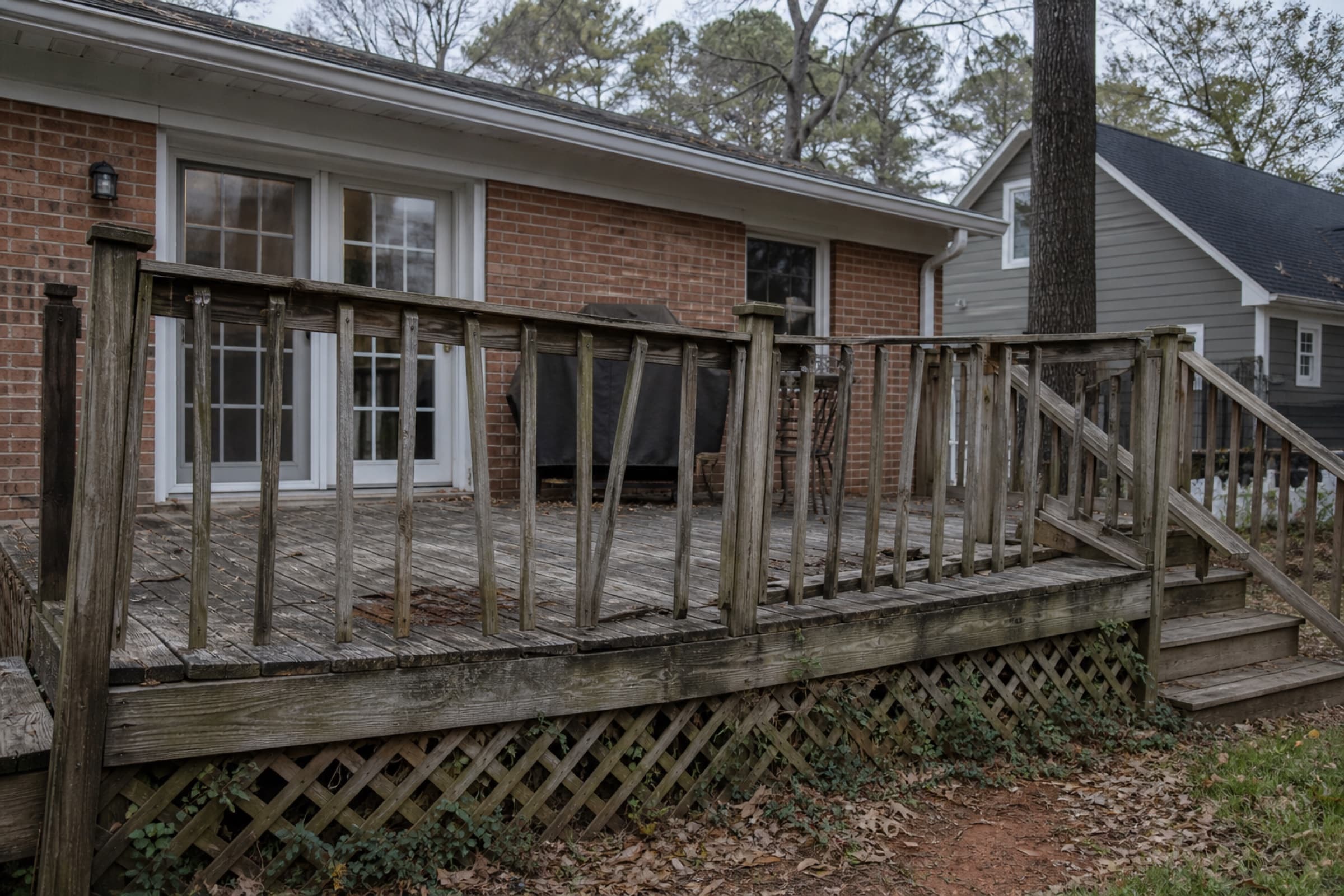 A greyed splintering pressure-treated deck with a wobbly railing and gaps between cupped boards