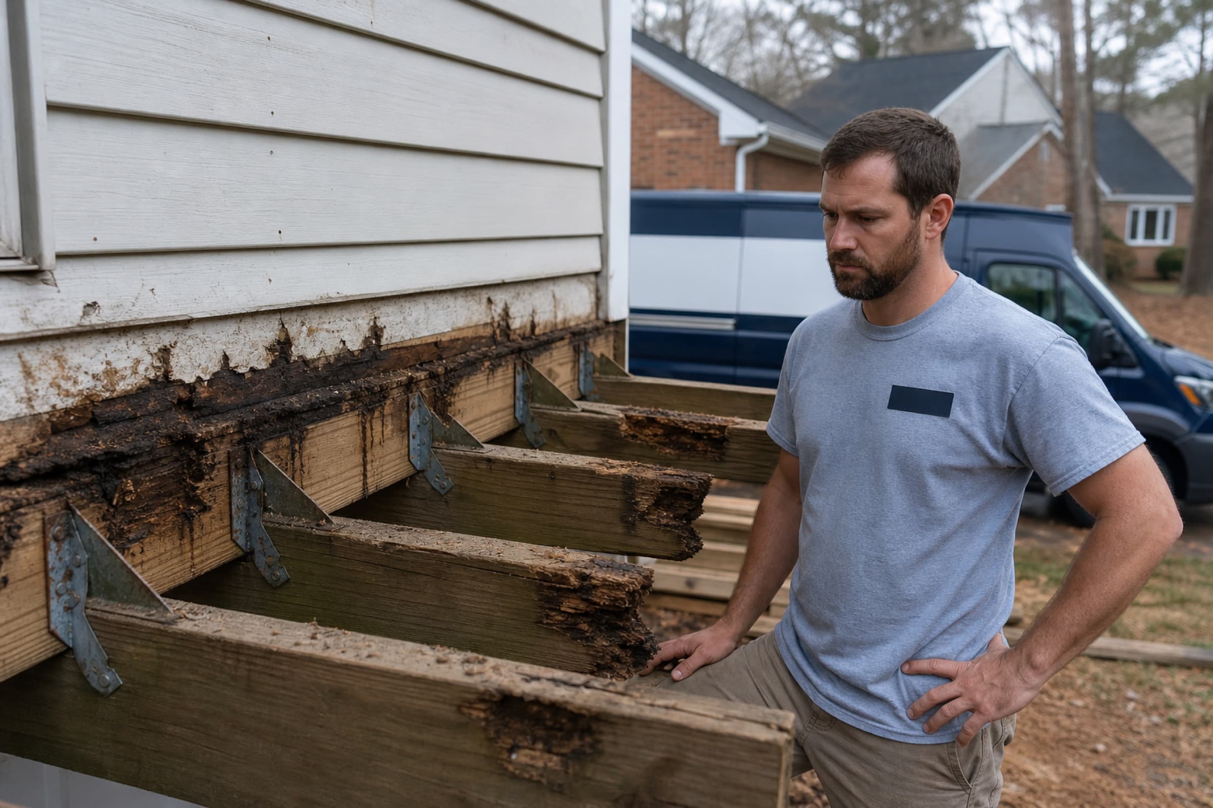 Deck framing exposed after board removal, showing rot at the ledger and rusted fasteners