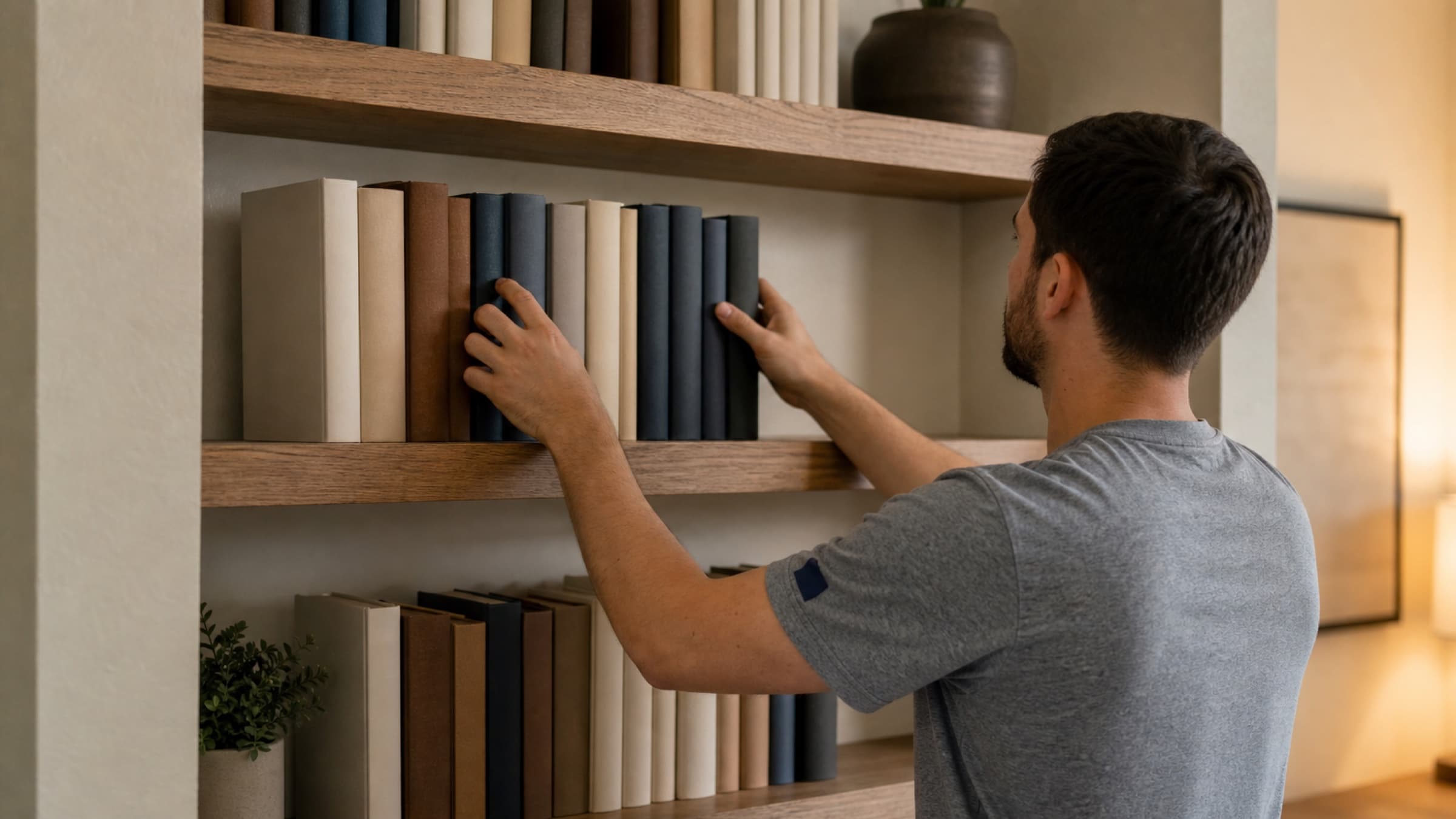 White oak floating shelves installed in an alcove with books being placed, in warm interior light