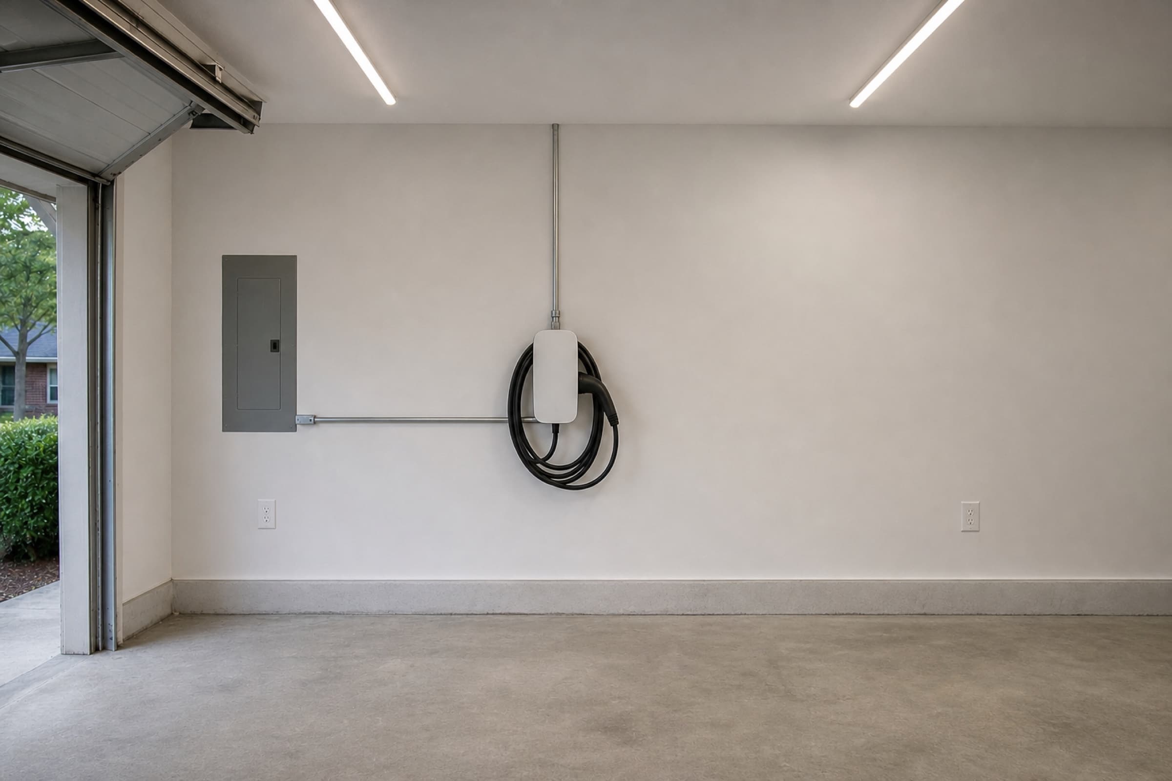 The same garage with a wall-mounted level 2 charger, conduit run back to the panel and new ceiling lighting