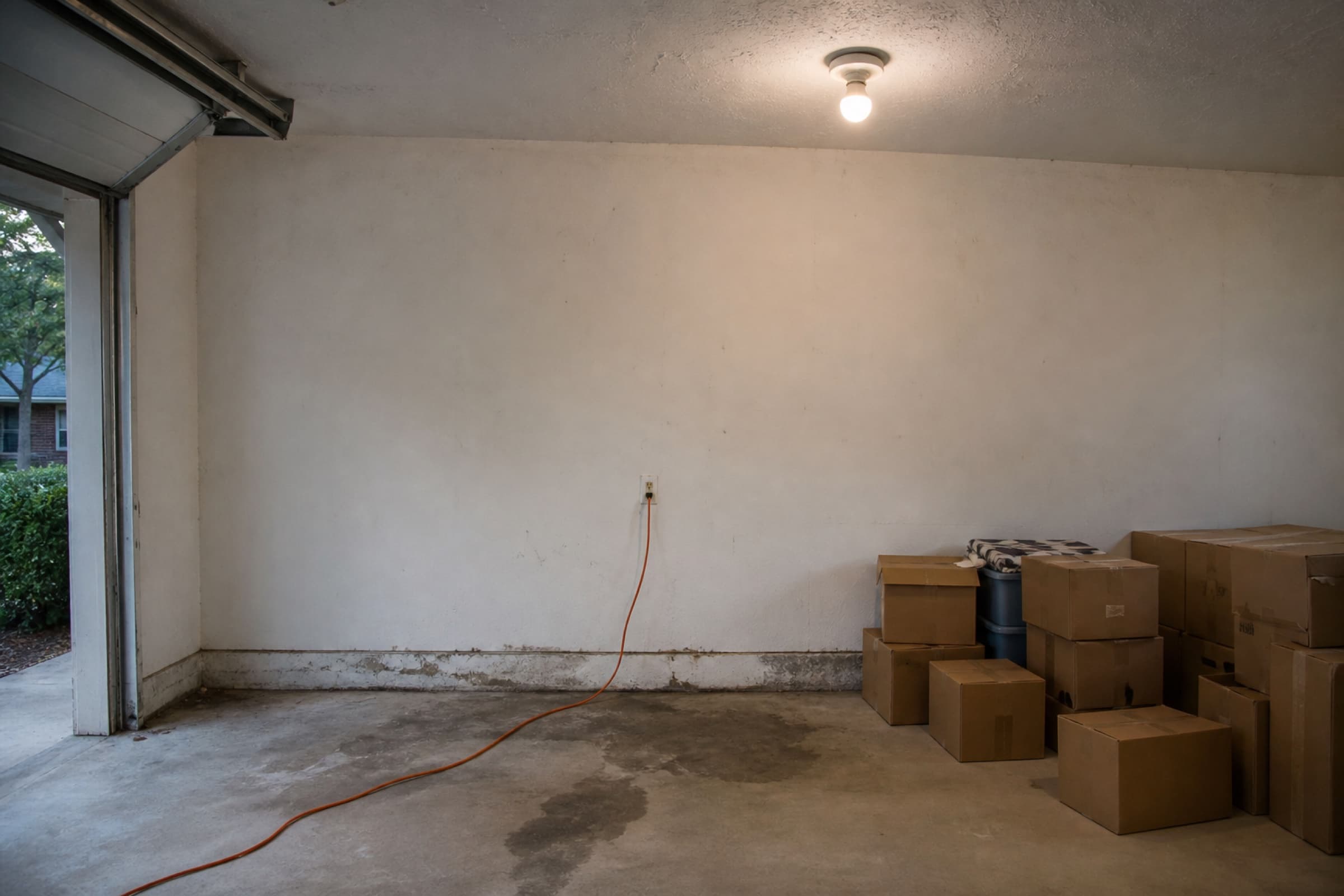 A garage wall with a single ceiling fixture, an extension lead running to a socket and no dedicated circuit