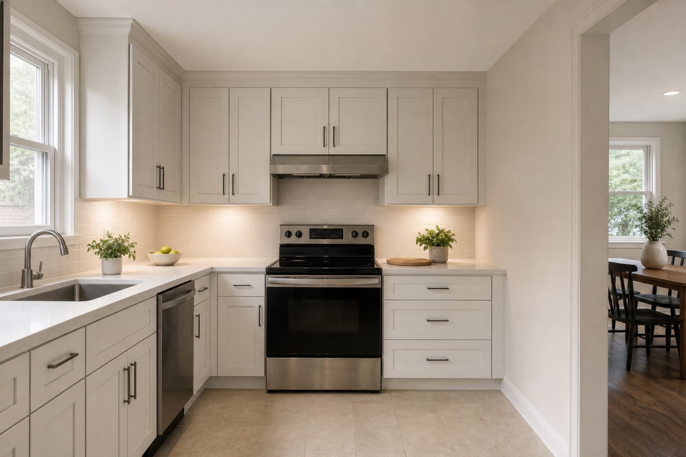 The same kitchen opened to the dining room, with shaker cabinets, quartz counters and a tiled backsplash