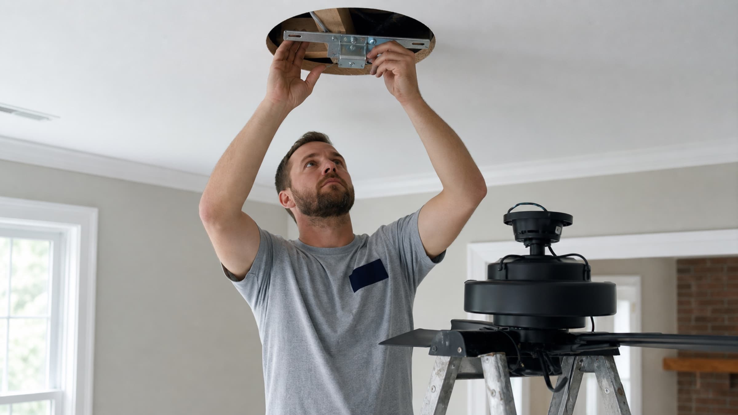 An electrician fitting a fan-rated brace between joists from below before mounting a ceiling fan