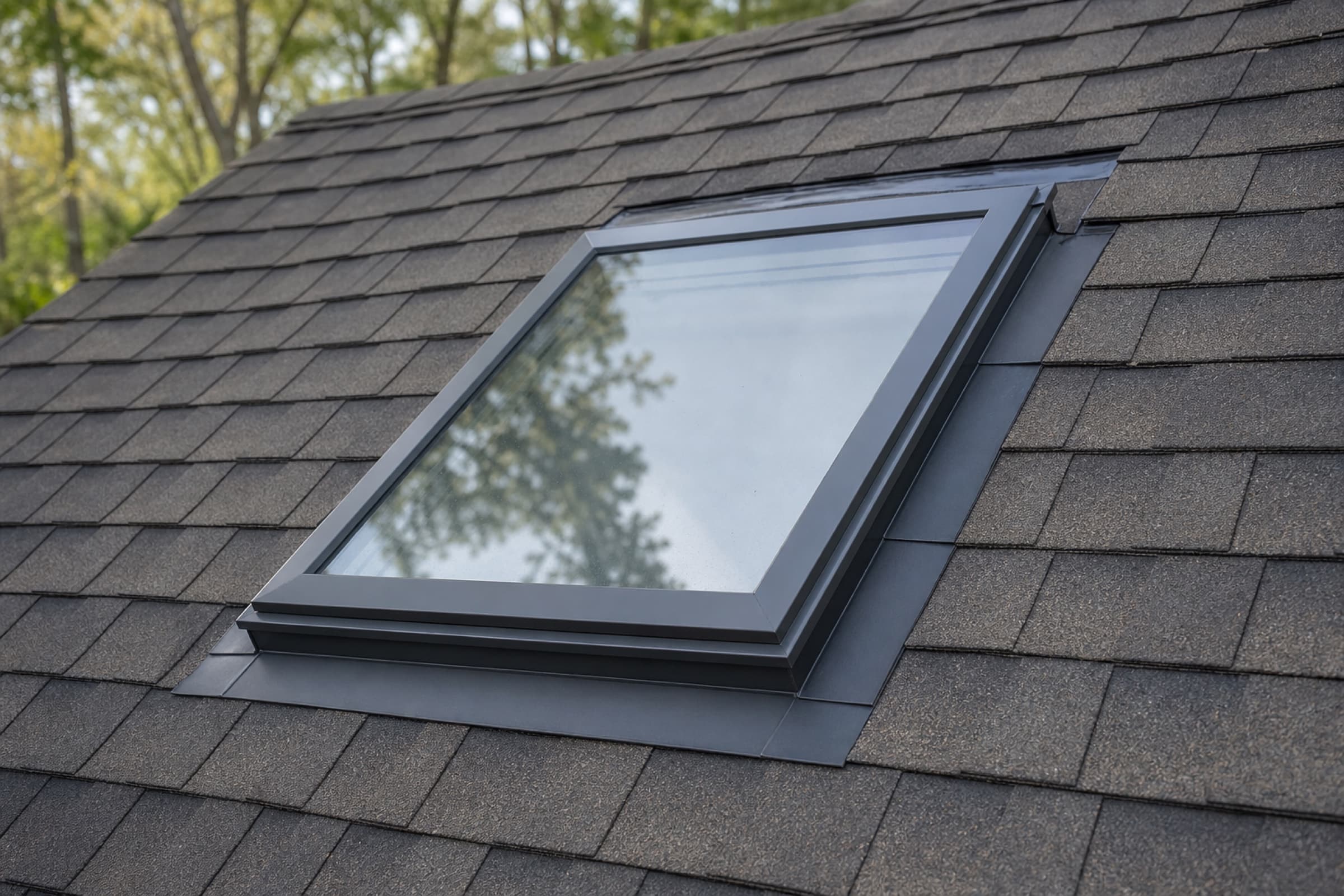 The same skylight from outside after new step and counter flashing were woven into the shingle courses