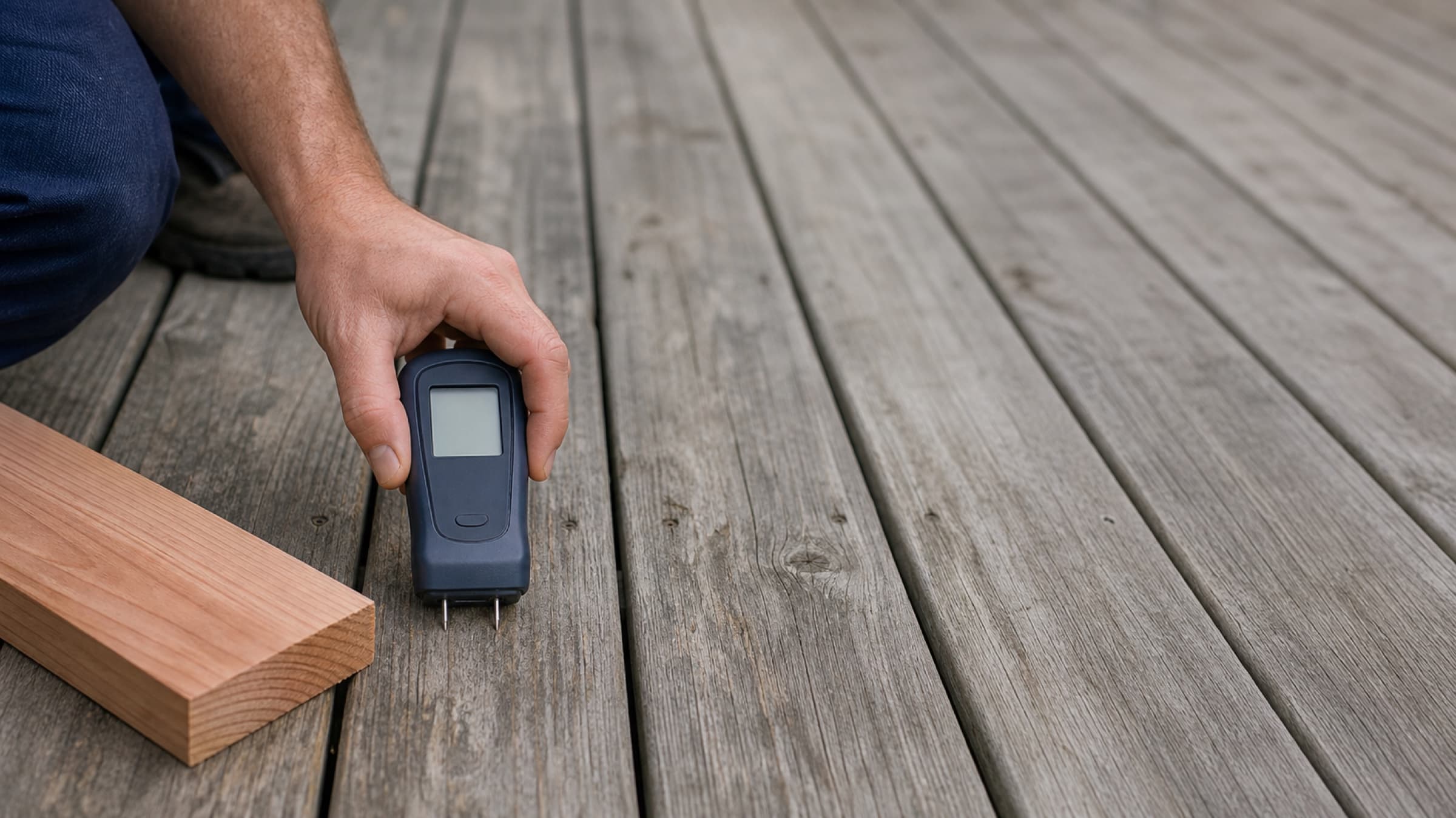 A moisture meter pressed against a weathered deck board
