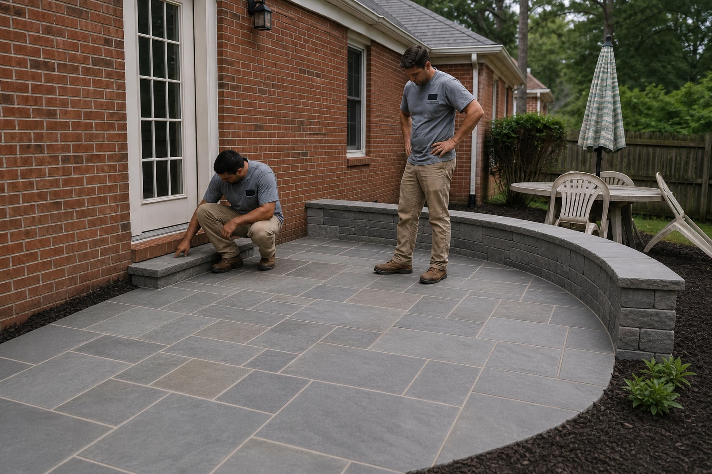 The same area rebuilt as a bluestone paver patio with a low seat wall and a graded fall away from the house