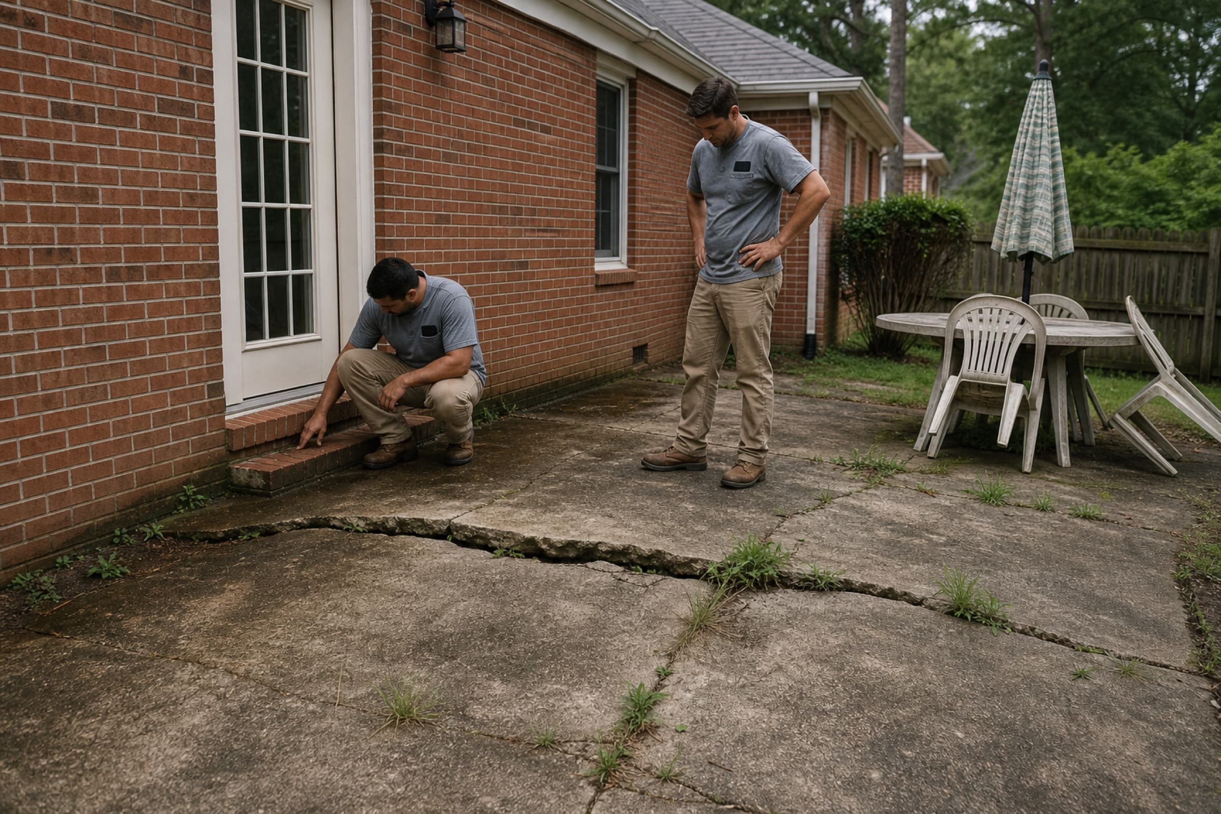 A cracked concrete patio slab with weeds through the joints, falling back towards the house