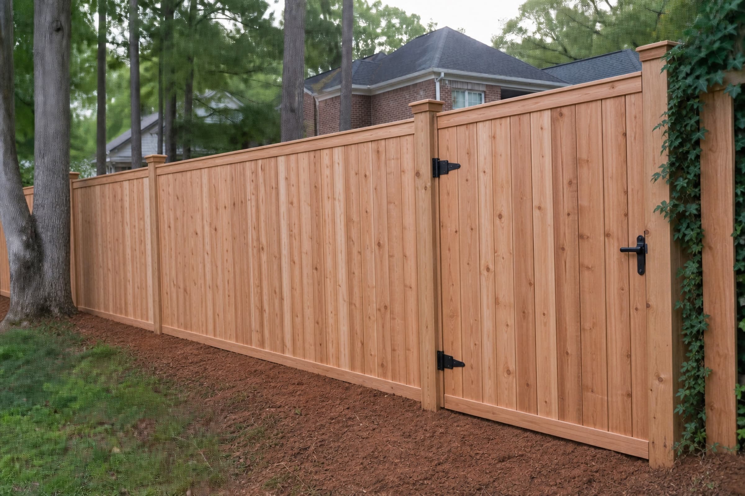 A new cedar privacy fence set plumb on the same line with a gate at the patio end