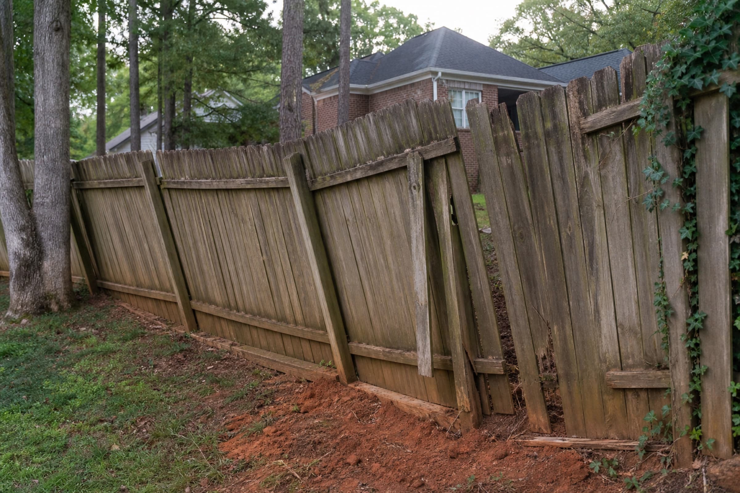 A leaning pressure-treated fence with missing boards along the property line