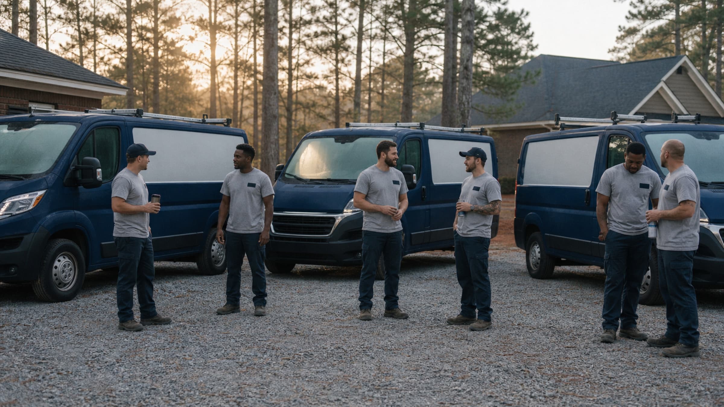 Six workers standing loosely in front of three navy panel vans in a gravel yard at sunrise