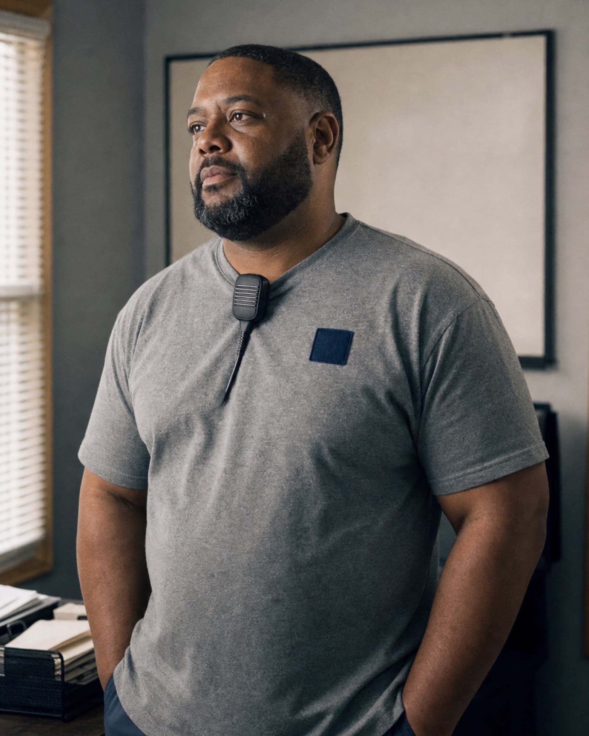 Curtis Boyd at the dispatch board in a heather-grey work shirt, mid conversation