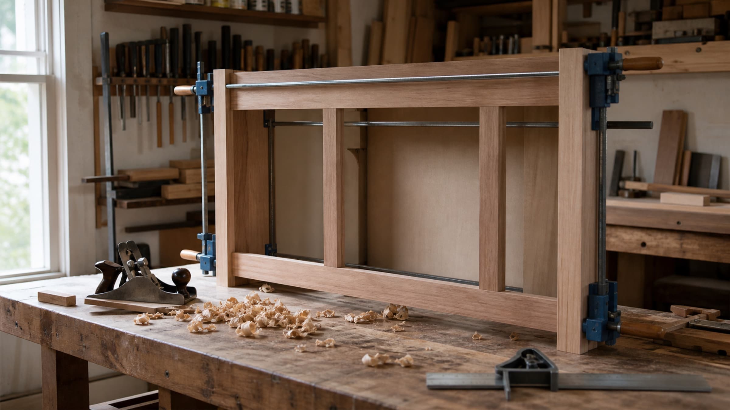A face-frame cabinet held in clamps on a workbench with hand planes and a combination square laid out