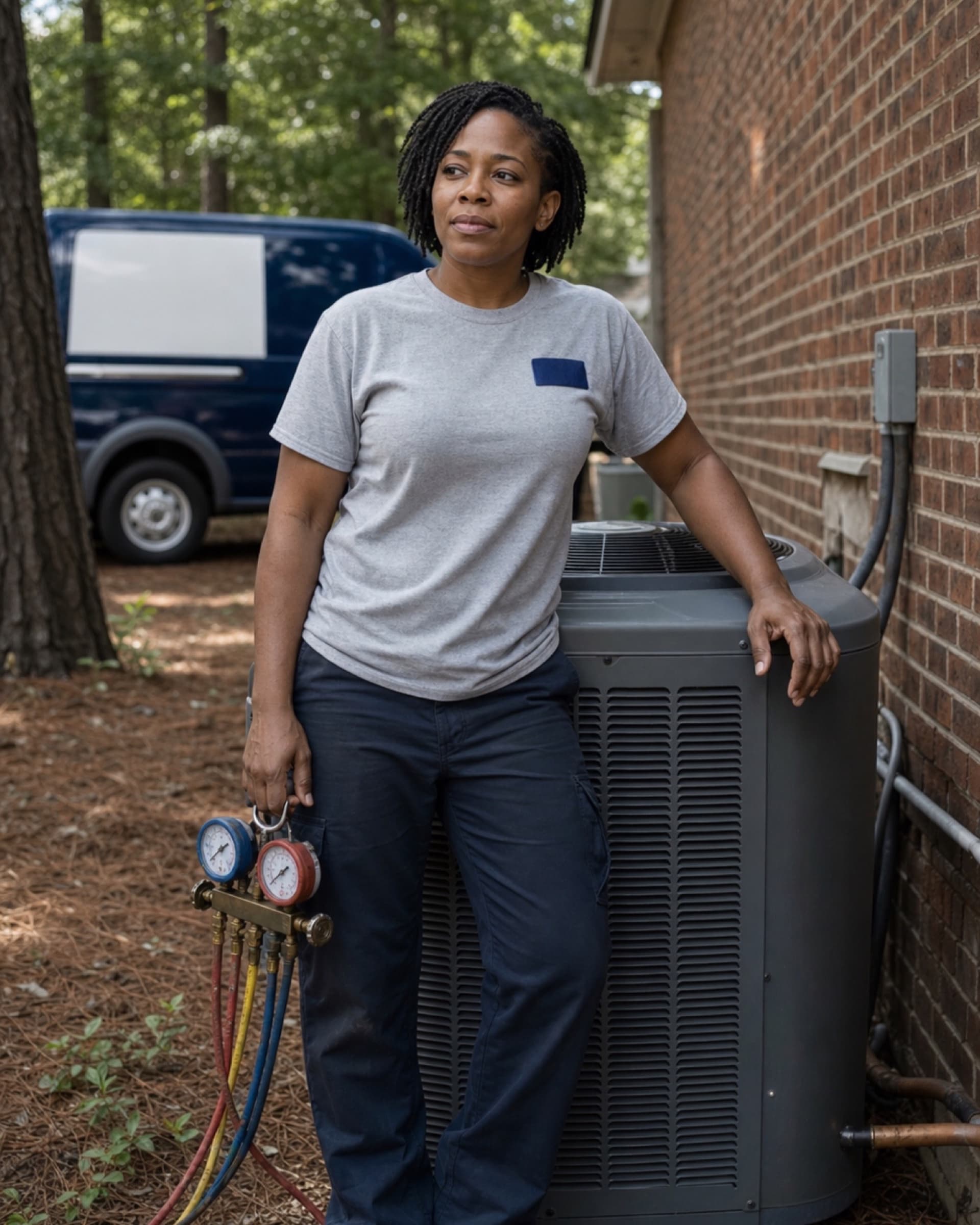 Dana Whitfield beside an outdoor condenser unit in a heather-grey work shirt, manifold gauges in hand