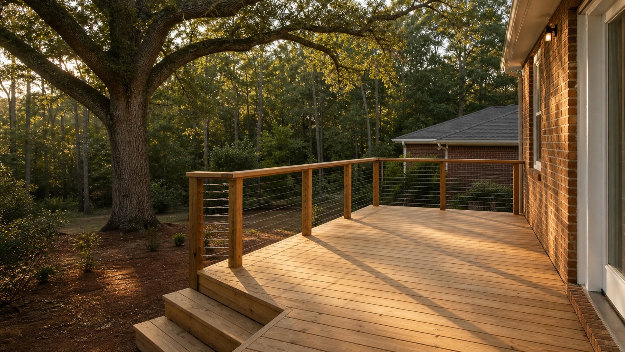 A newly completed cedar deck with cable railing and open stair treads, photographed at golden hour