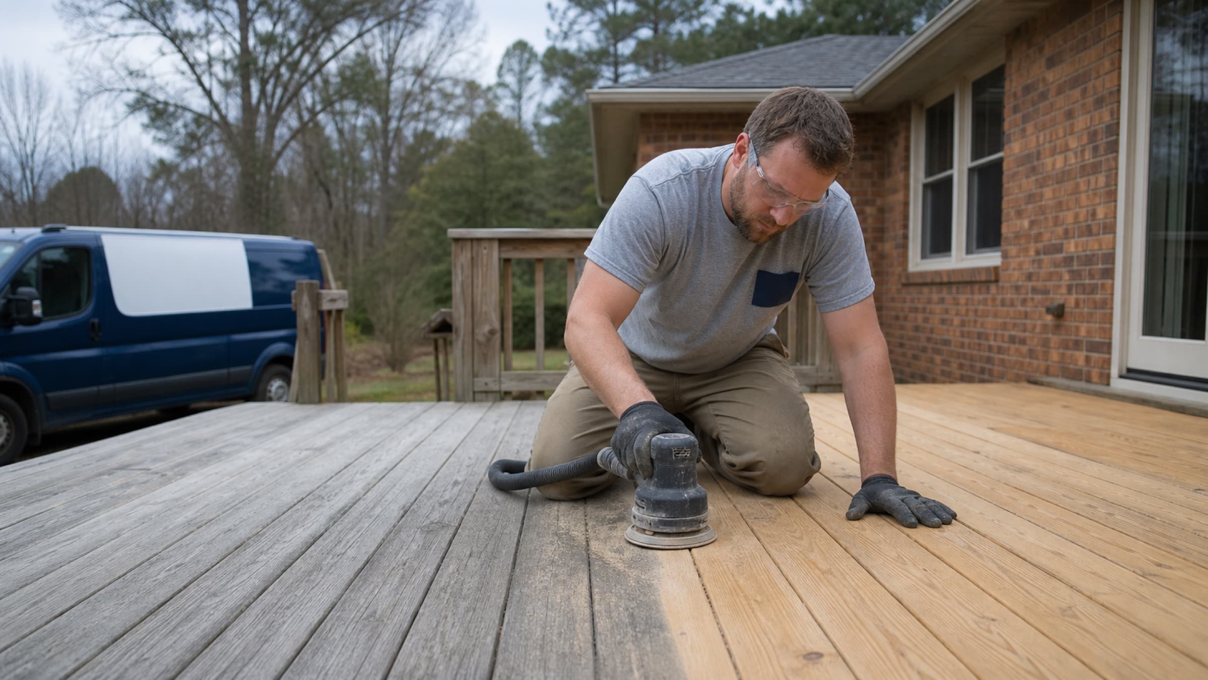 A greyed pressure-treated deck part way through stripping, with freshly sanded boards beside weathered ones
