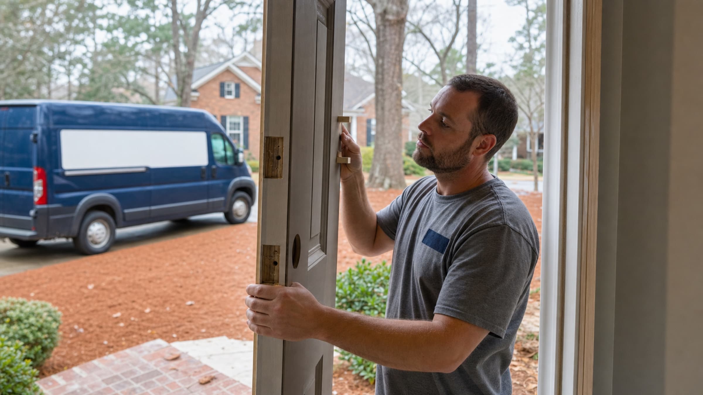 An exterior door being hung with shims at the jamb and freshly cut hinge mortises visible