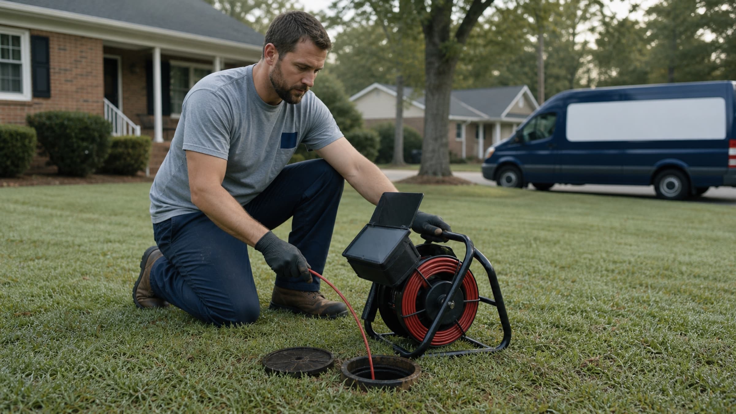 A drain camera reel beside an open exterior cleanout in a dewy lawn, with the cable feeding into the pipe