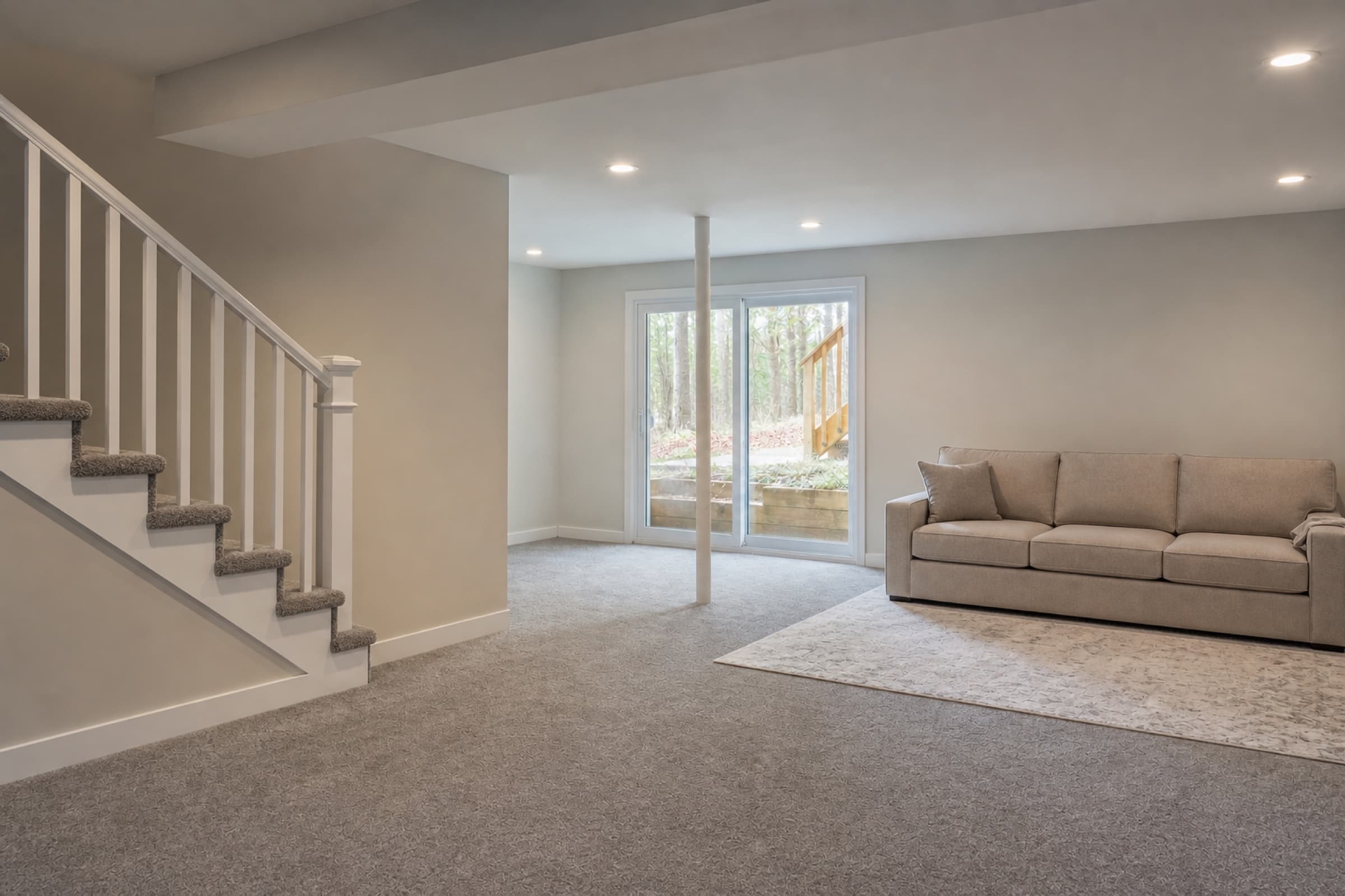 The same space finished as a family room with recessed lighting, painted walls and a repainted stair stringer