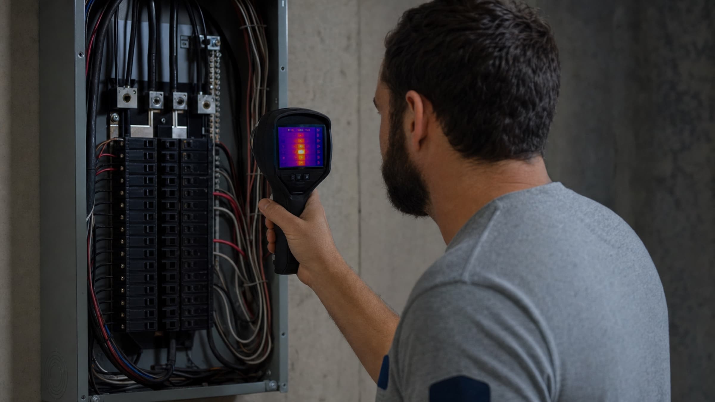 An electrician thermal imaging an open panel under load, with the camera display showing a warm breaker
