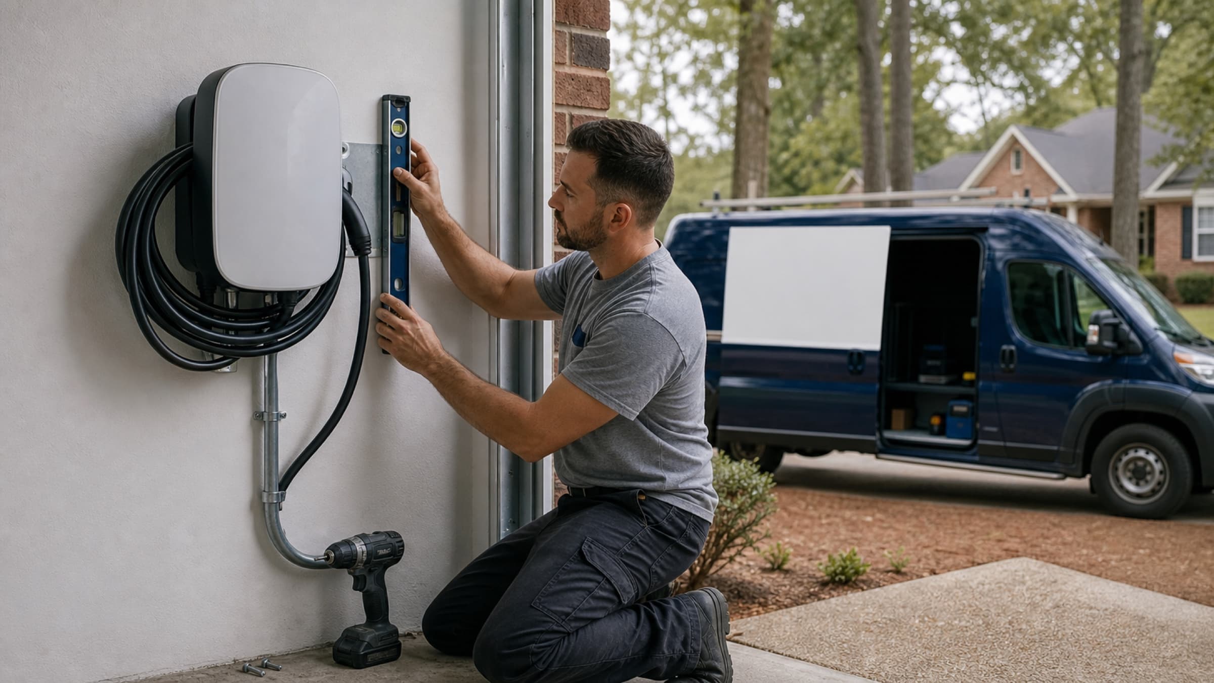 An EV charging unit being mounted to a garage wall, with conduit run back to the panel and a level held against the mounting plate