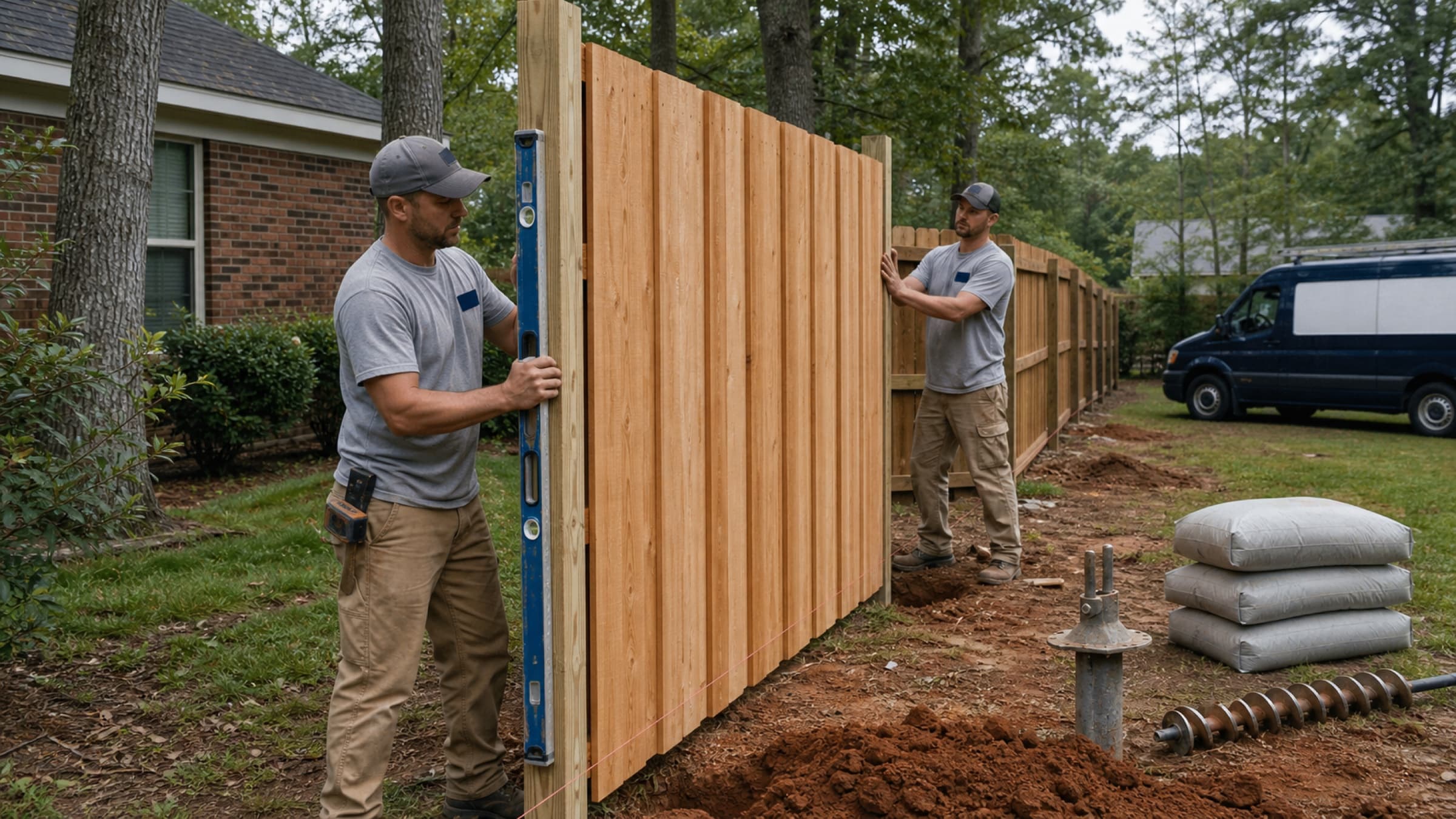 A cedar privacy fence panel being set with a post level, with an auger and bags of concrete nearby