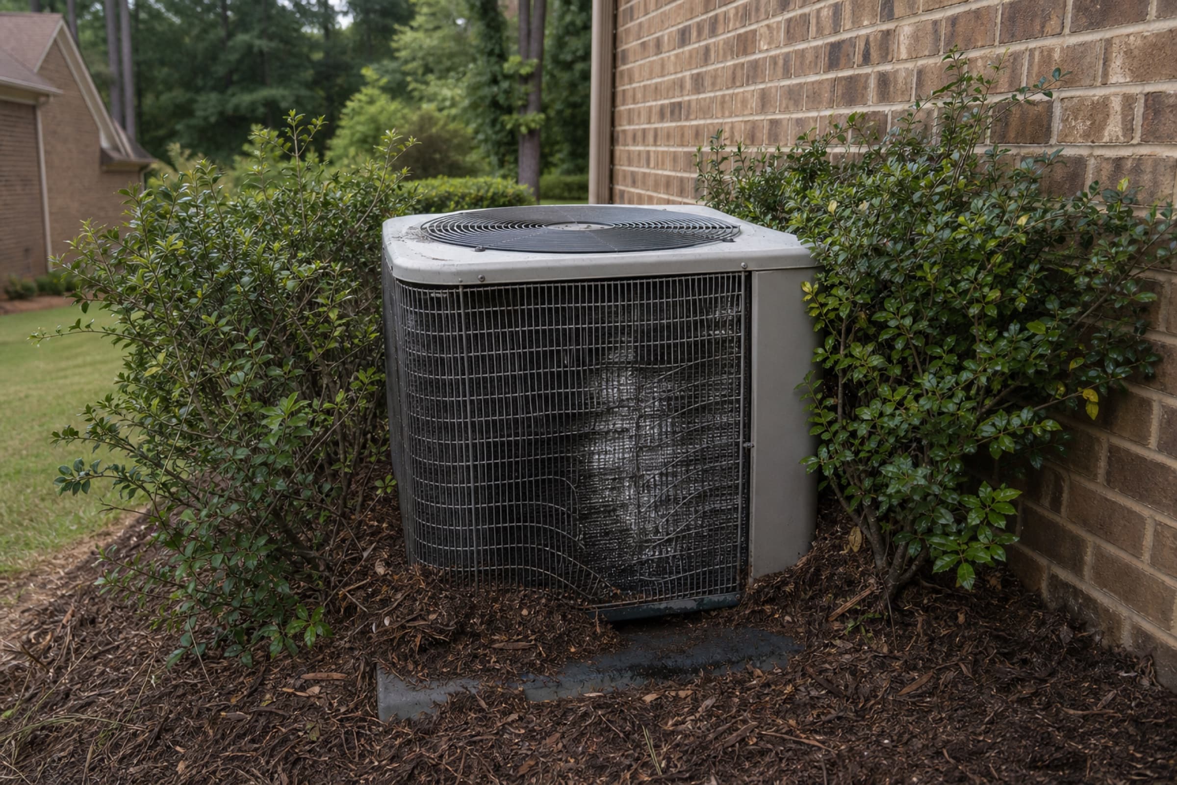 An oversized outdoor condenser beside a house, with condensation staining on the pad and overgrown shrubs against the coil
