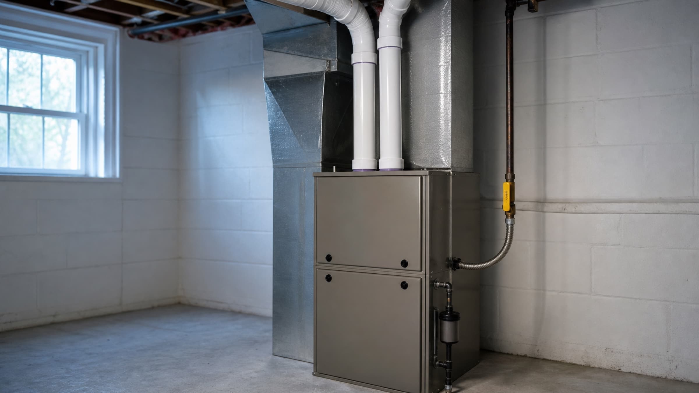 A newly installed gas furnace in a basement with fresh PVC venting and a new gas shutoff valve