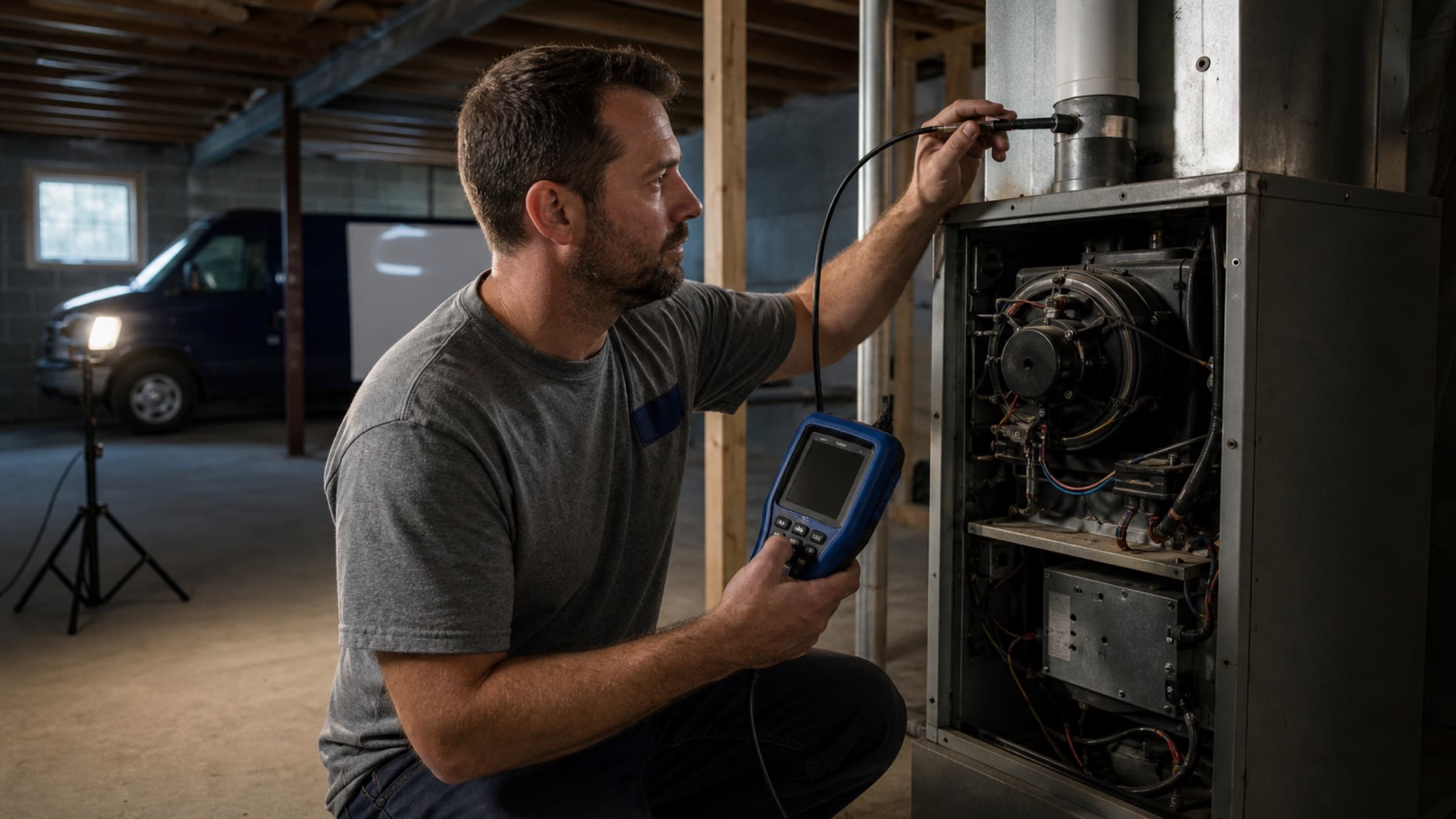 A technician using a combustion analyser on a gas furnace with the front panel removed in an unfinished basement