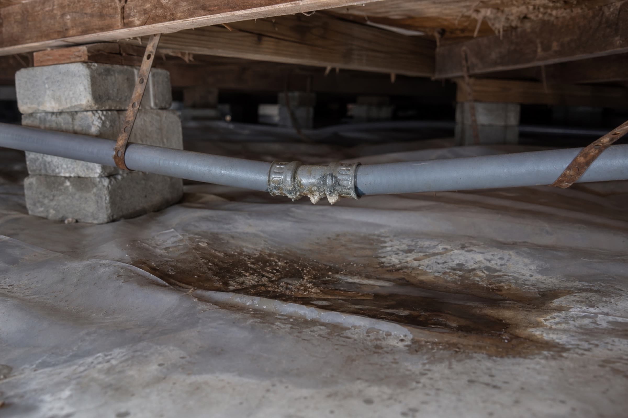Grey polybutylene supply pipe in a crawlspace with a crimped fitting weeping at the joint