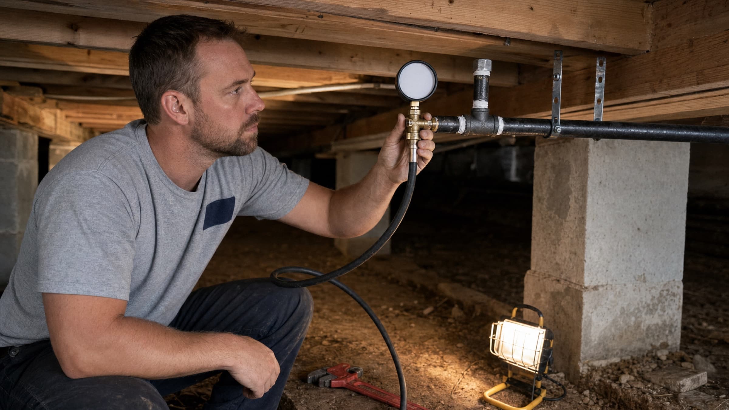 A plumber pressure testing a black iron gas line with a manometer at a capped tee