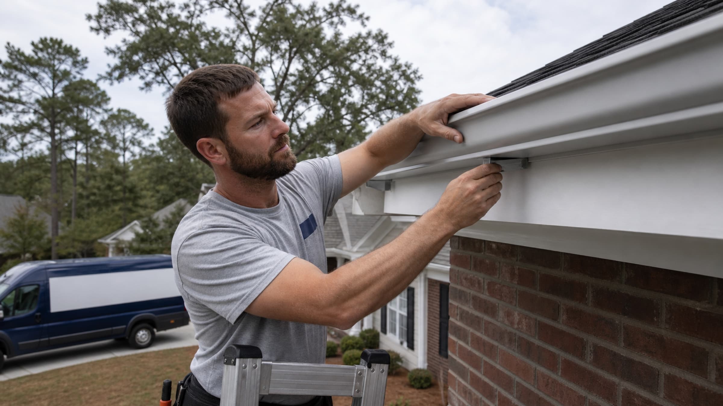 A continuous run of new seamless aluminium gutter being fixed with hidden hangers along a fascia board