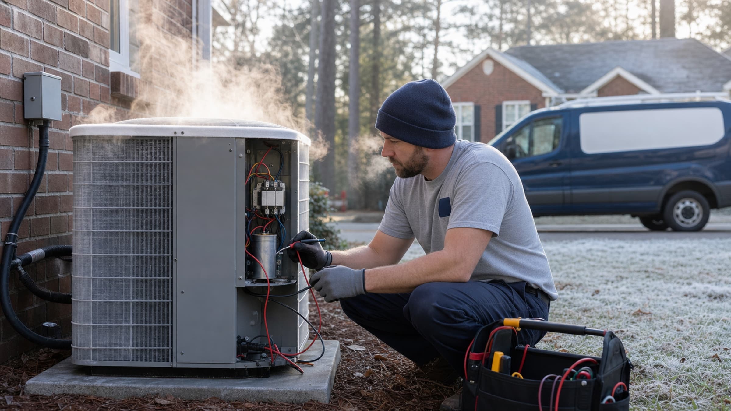 A technician testing a heat pump outdoor unit in defrost mode with the electrical panel open