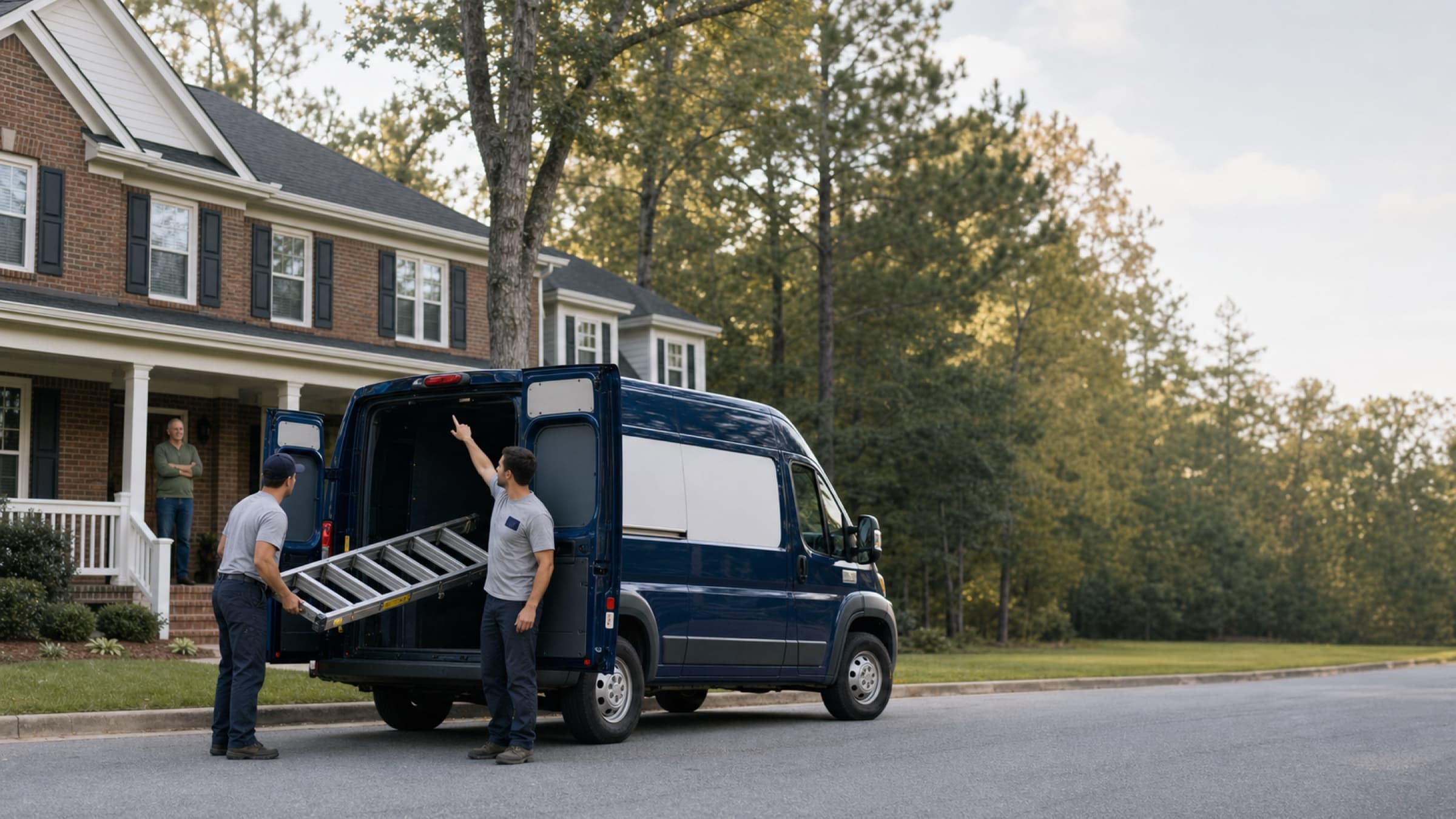 A navy panel van at the kerb of a two-storey brick colonial in late afternoon light, two workers unloading a folding ladder from the rear doors