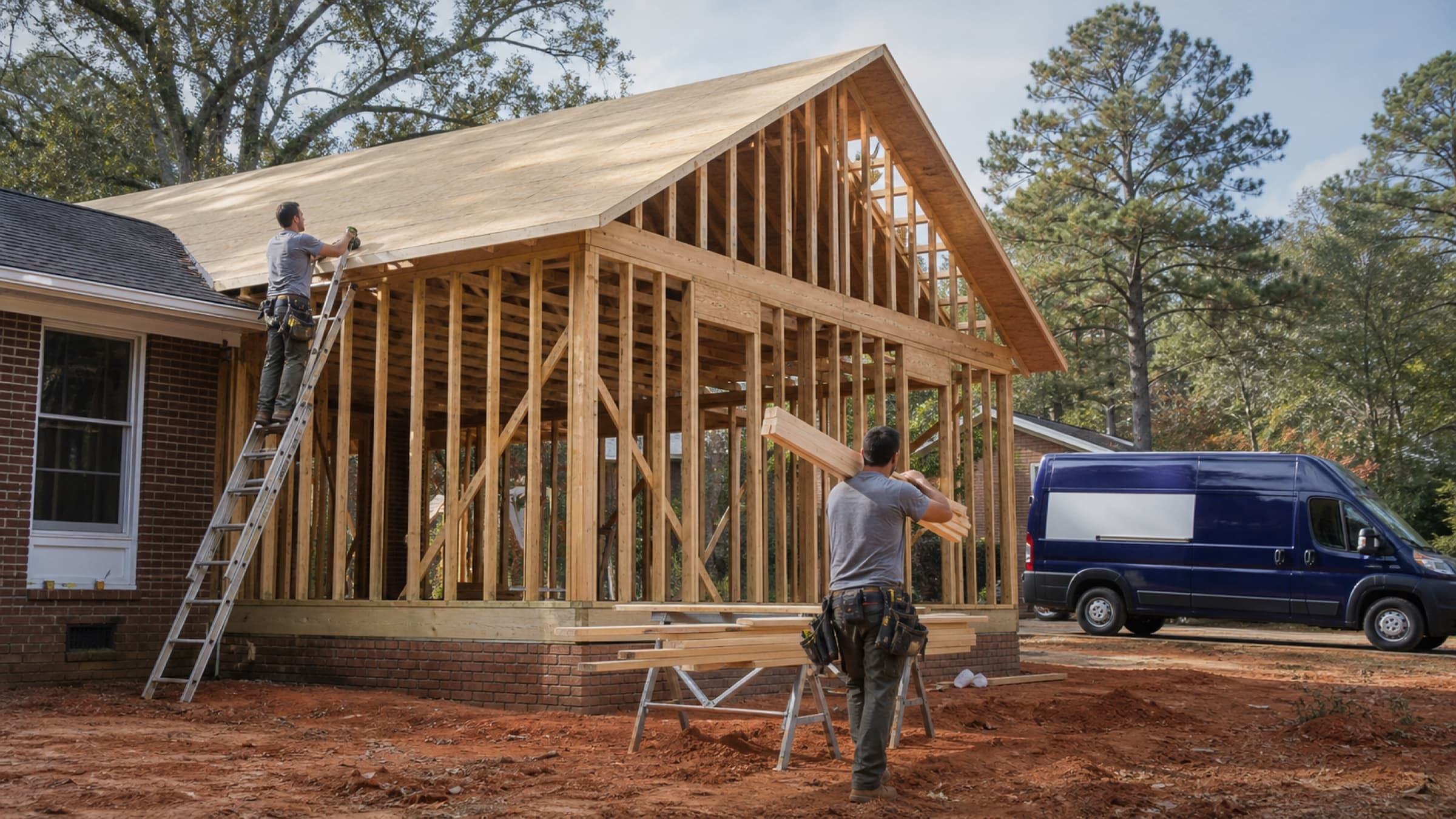 A framed home addition with new roof sheathing, sunlight through open stud bays and red clay yard around it