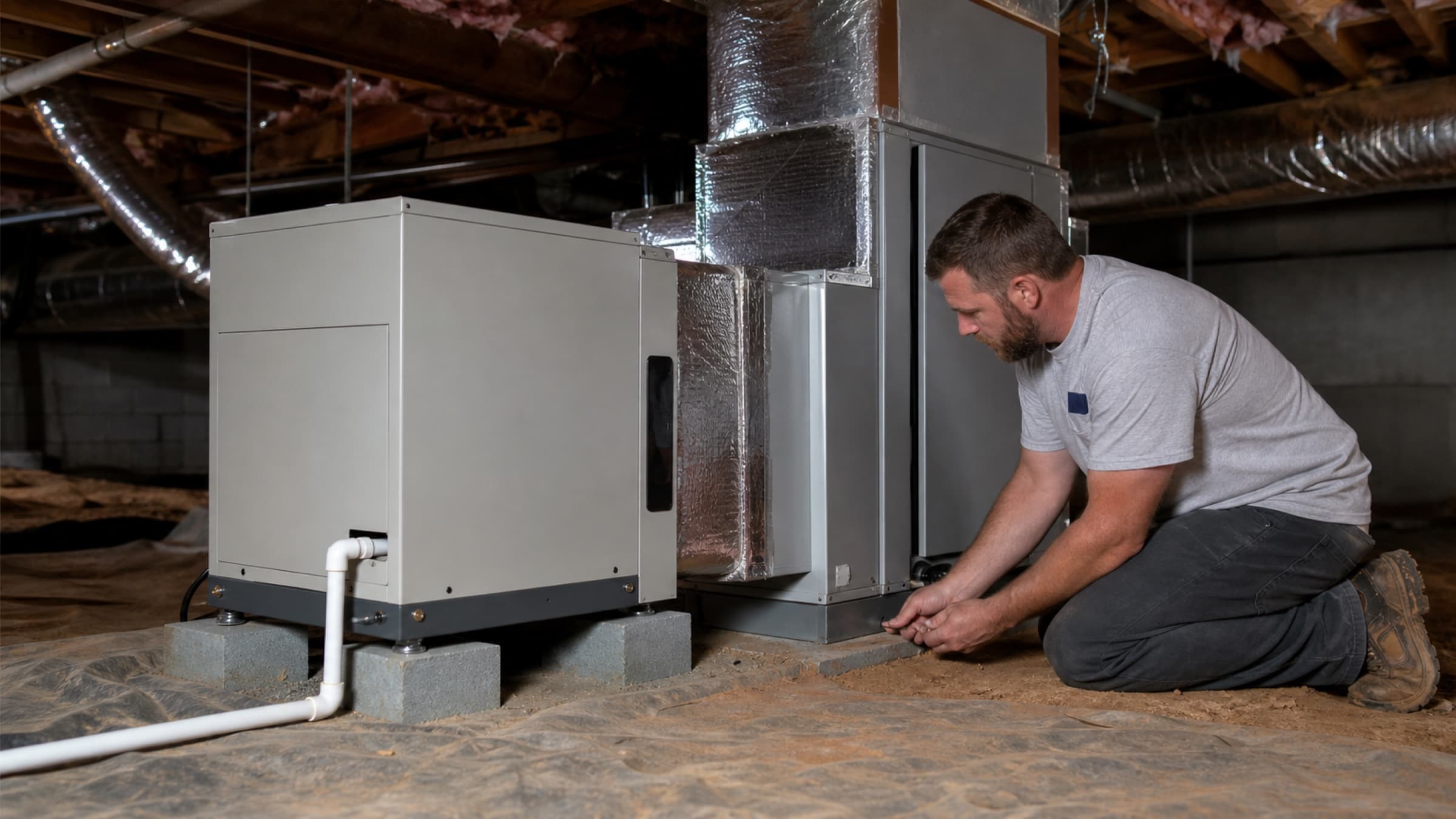 A whole-home dehumidifier installed beside an air handler with a new condensate line