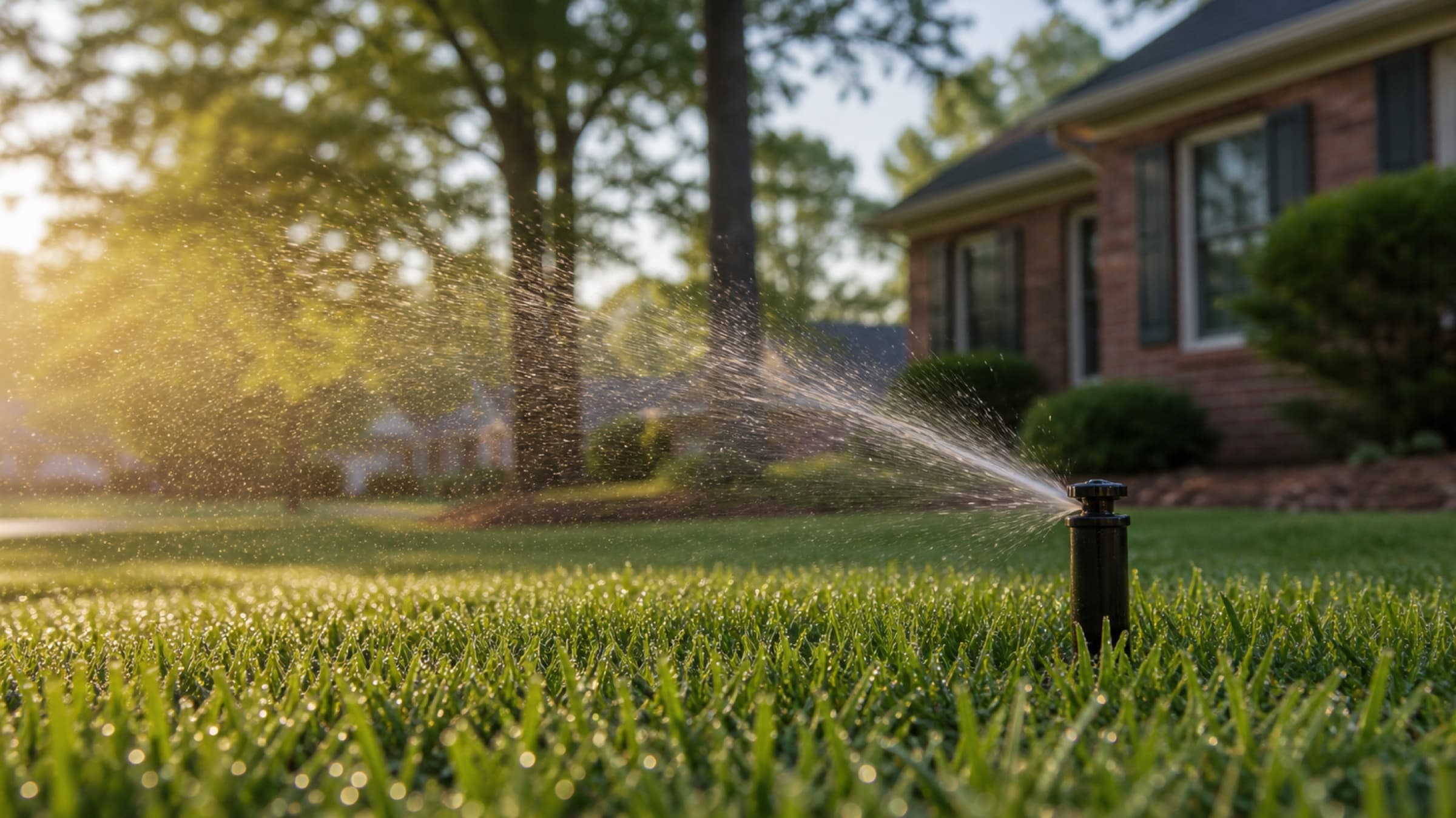 An irrigation rotor head spraying an early-morning lawn with backlit droplets