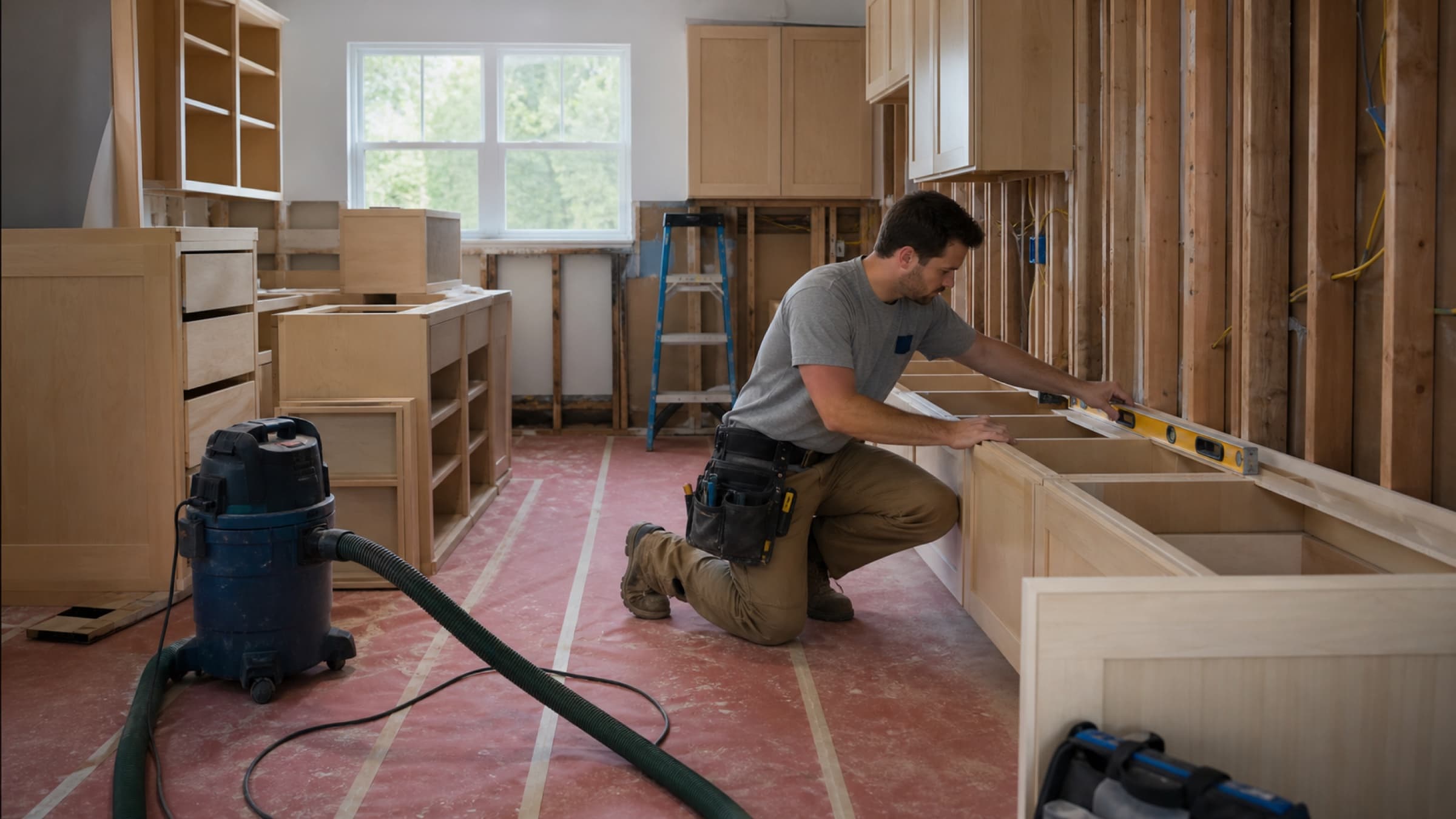 A kitchen mid-renovation with studs exposed on one wall, new cabinet boxes stacked and partly installed, and floor protection down