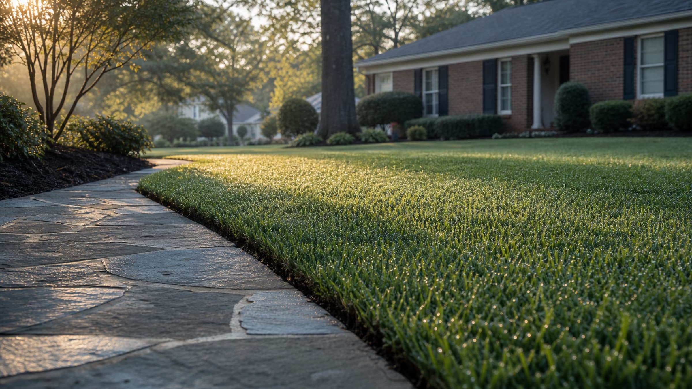 A healthy fescue lawn edged cleanly against a bluestone path in early morning light