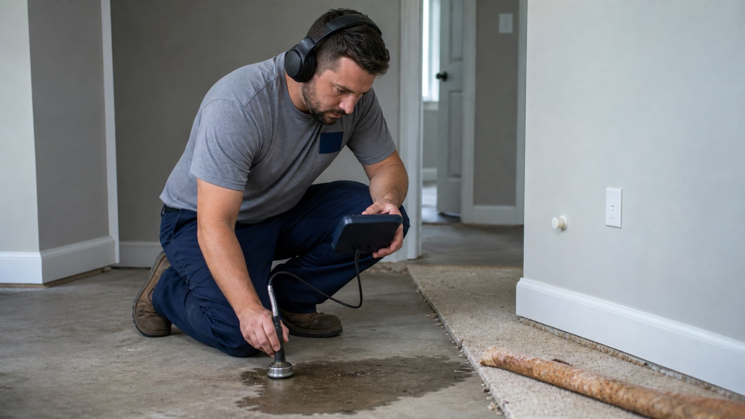 A plumber using acoustic leak detection equipment against a slab floor beside a damp patch