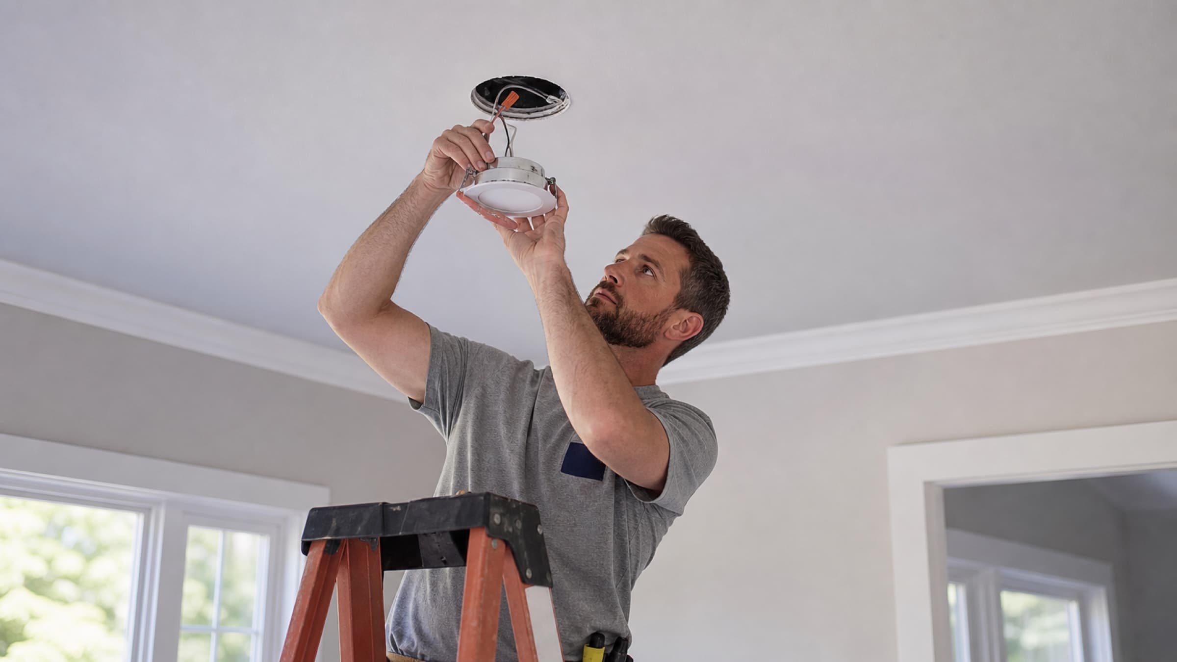 A recessed can light being fitted into a ceiling cutout from a step ladder, with the housing clip and wire connectors visible