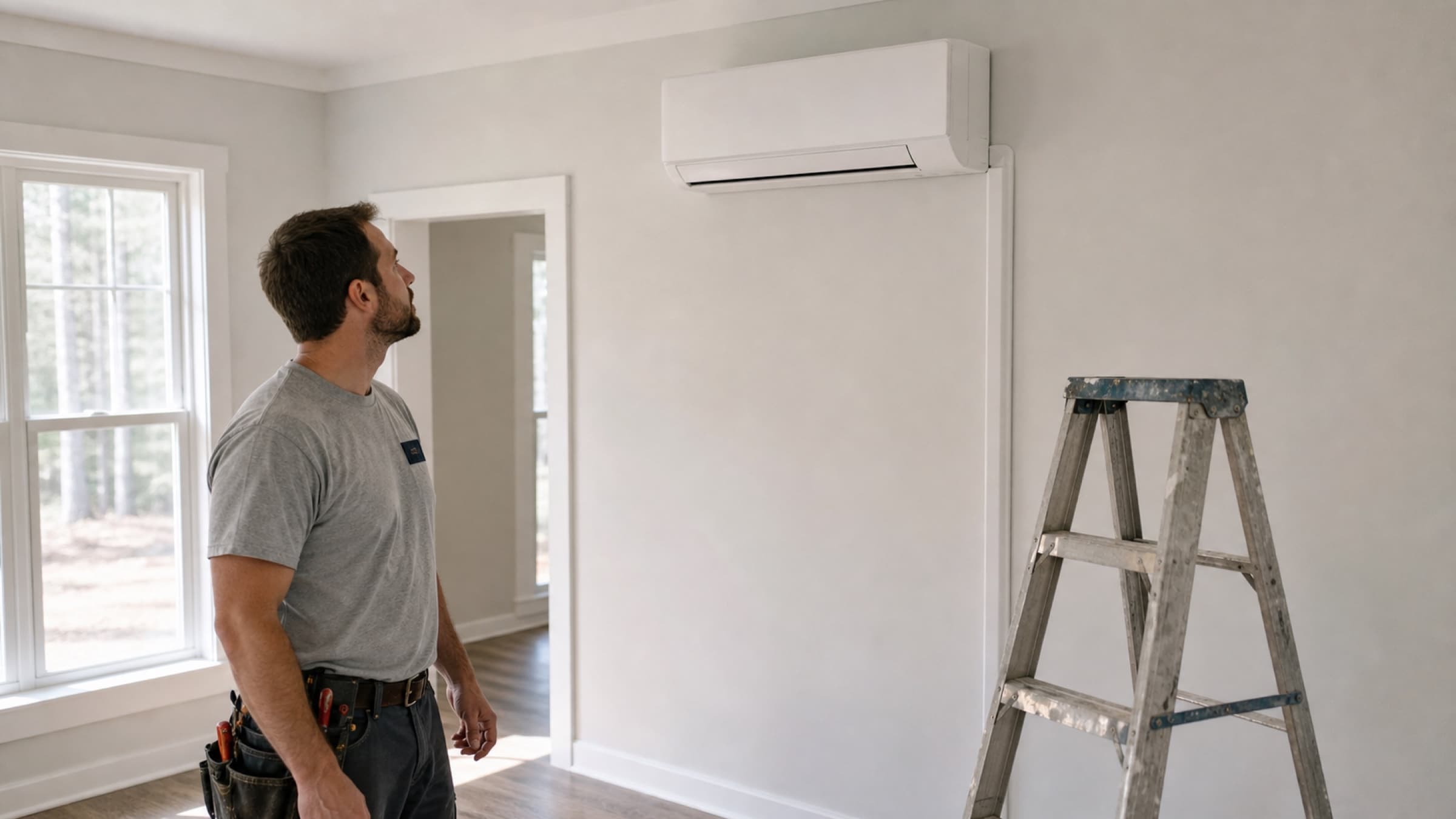 A wall-mounted ductless mini-split head installed high on an interior wall with a concealed line set