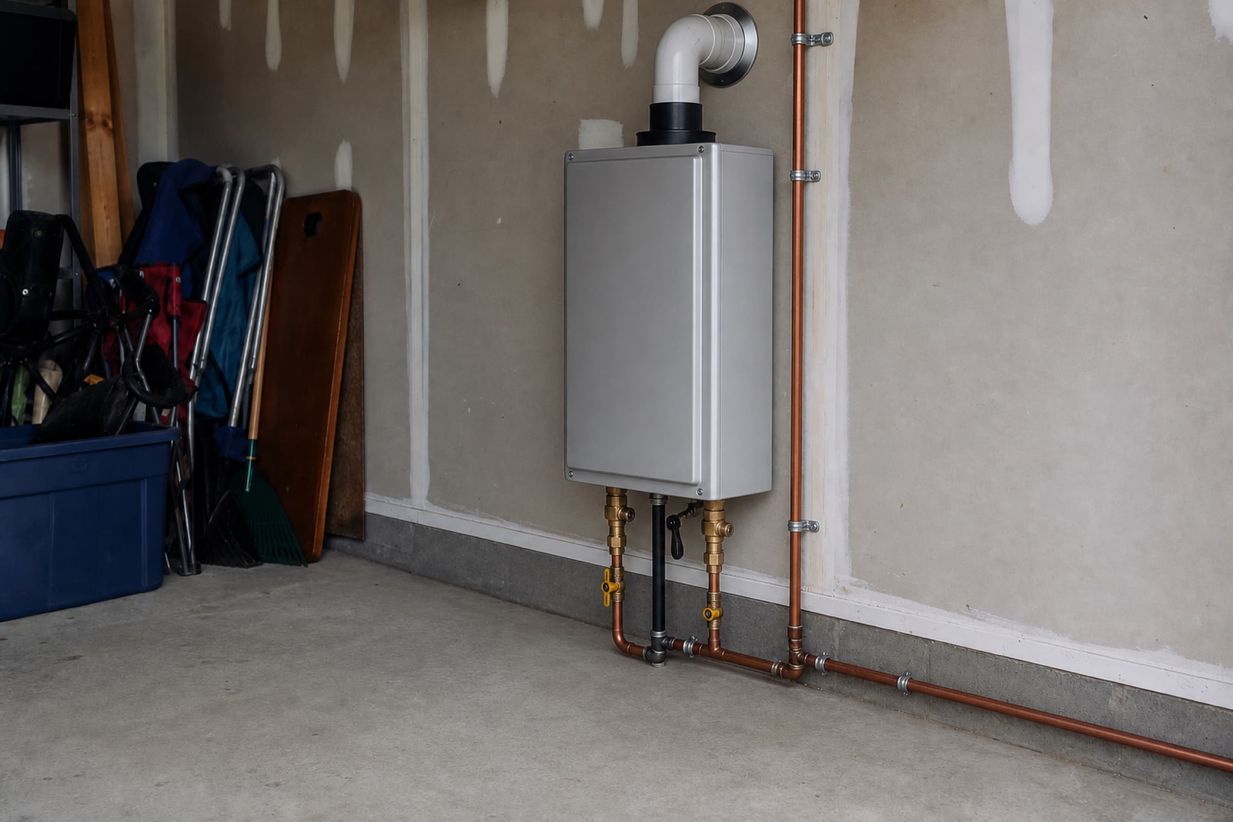 A wall-mounted tankless unit with new gas piping, sealed combustion venting and isolation valves
