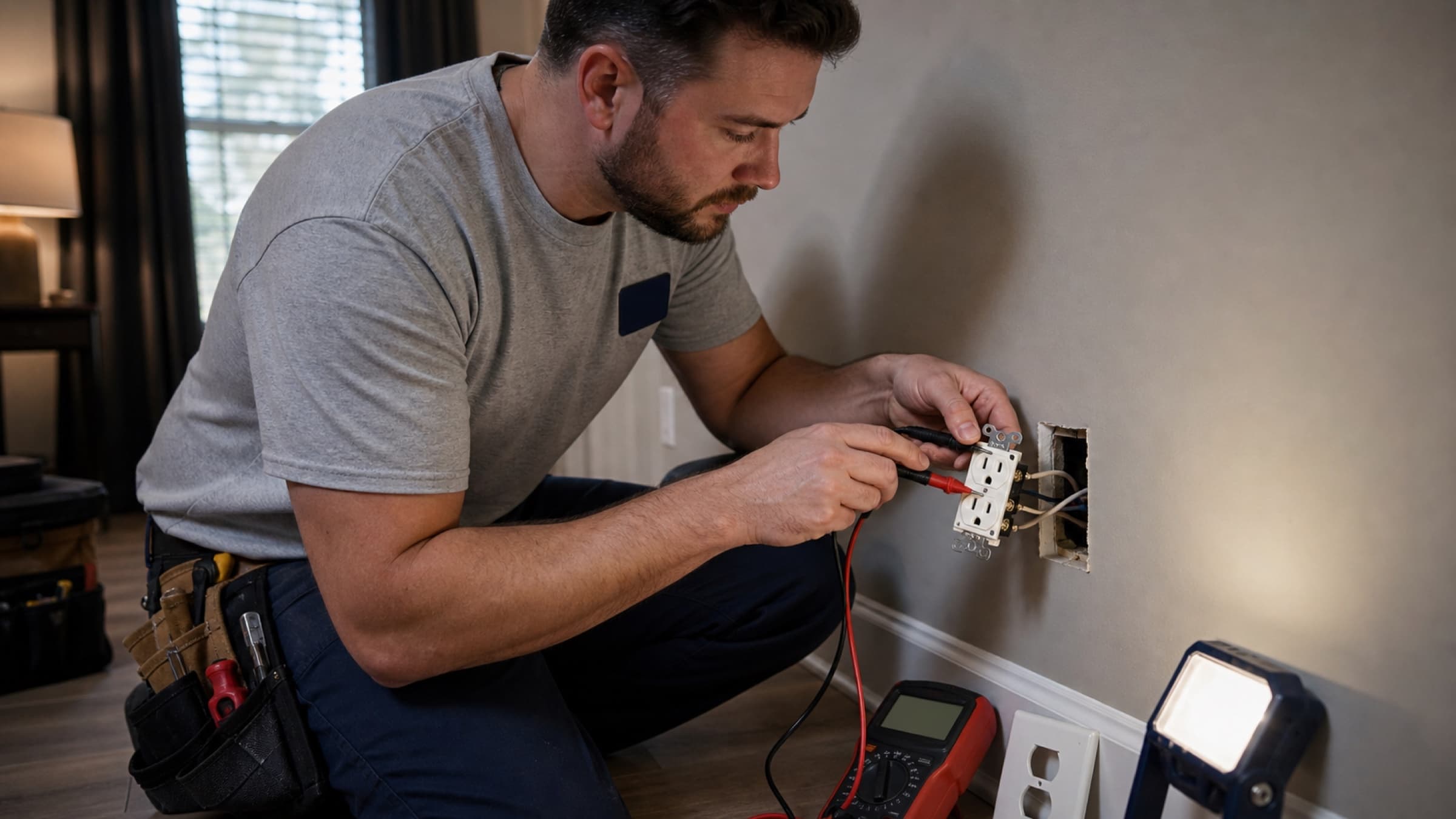An electrician testing a receptacle with a multimeter, the device pulled from the box and conductors visible