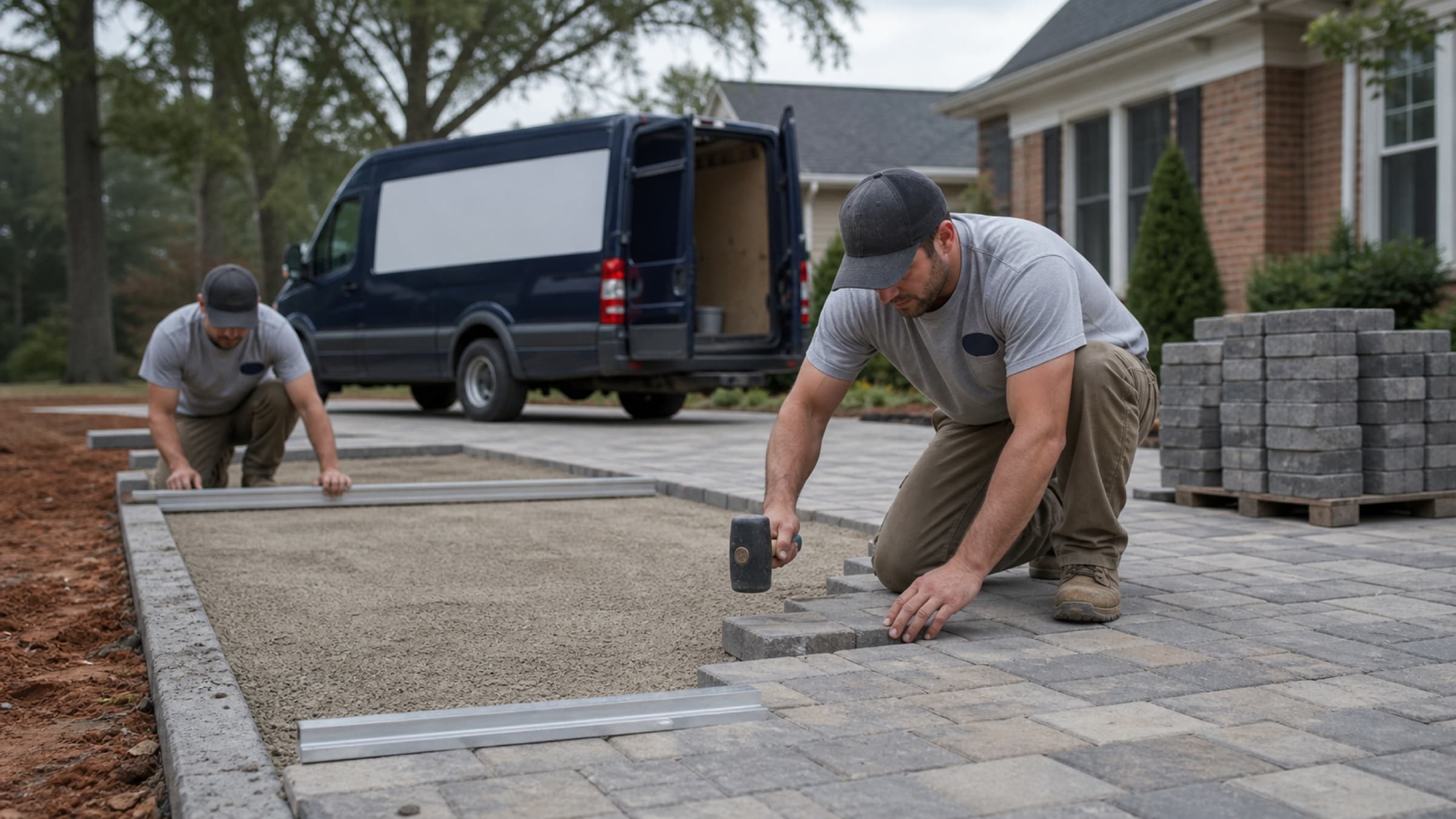A paver patio being laid with a rubber mallet and screed rails, half complete and showing the compacted base course