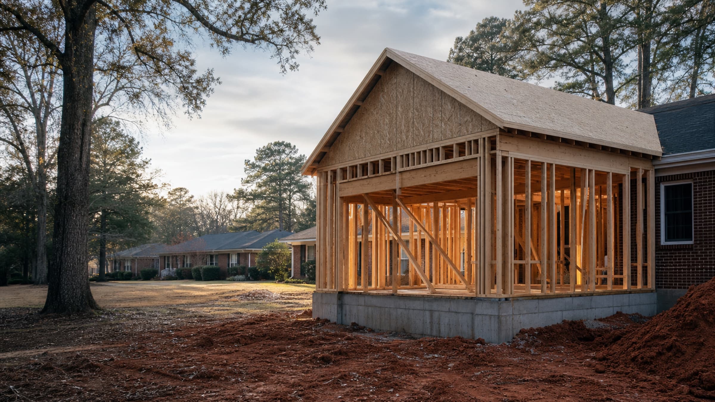 A framed home addition with new roof sheathing and open stud bays awaiting inspection